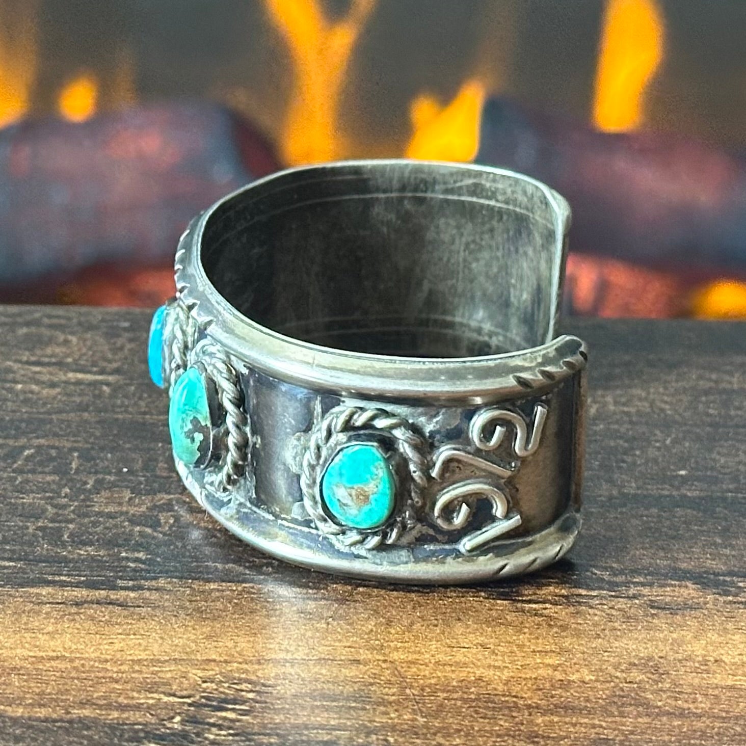 Vintage Turquoise 5 Stone Sterling “1972” Twist Wire Statement Cuff