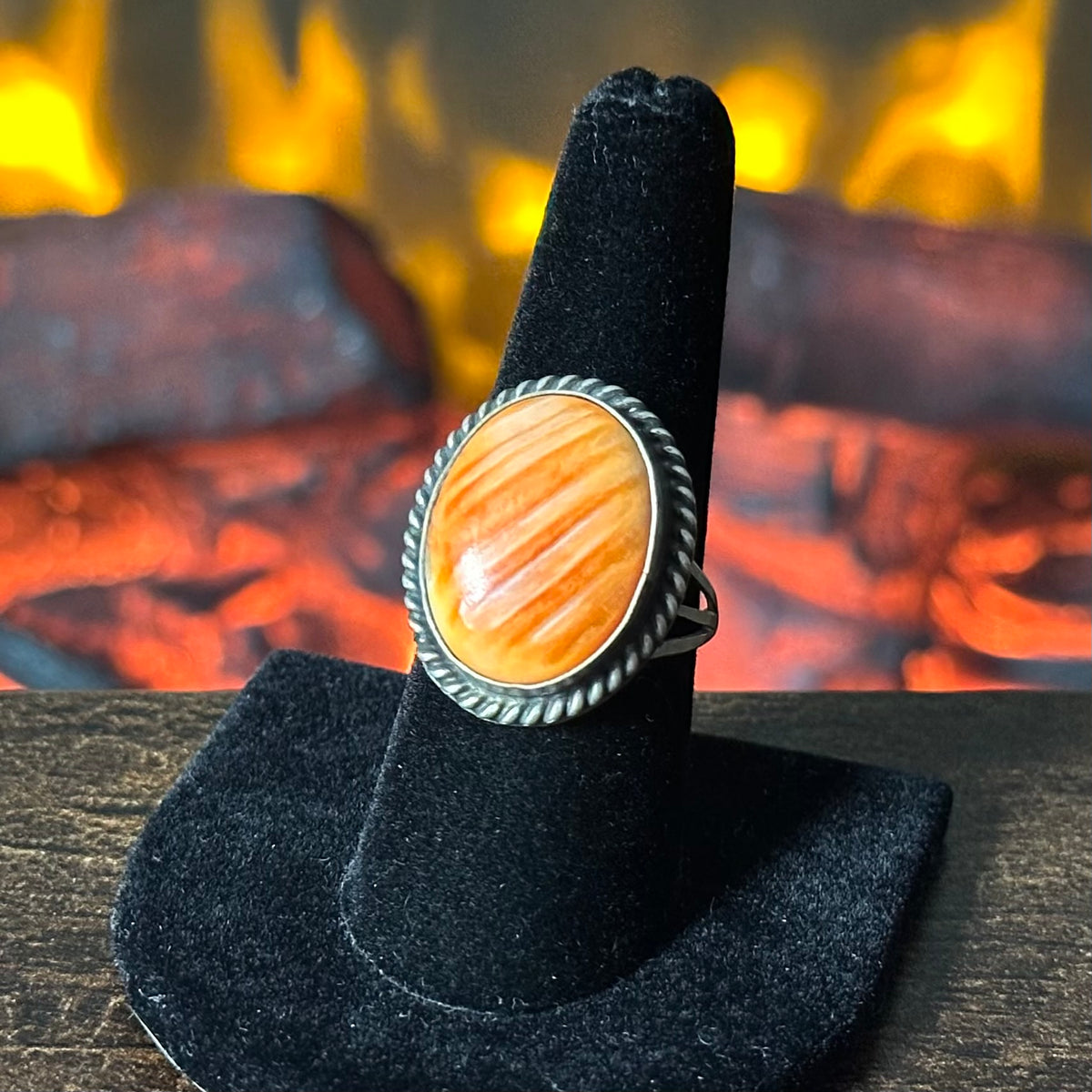 B Signed Orange Spiny Oyster Sterling Twist Wire Bezel Ring