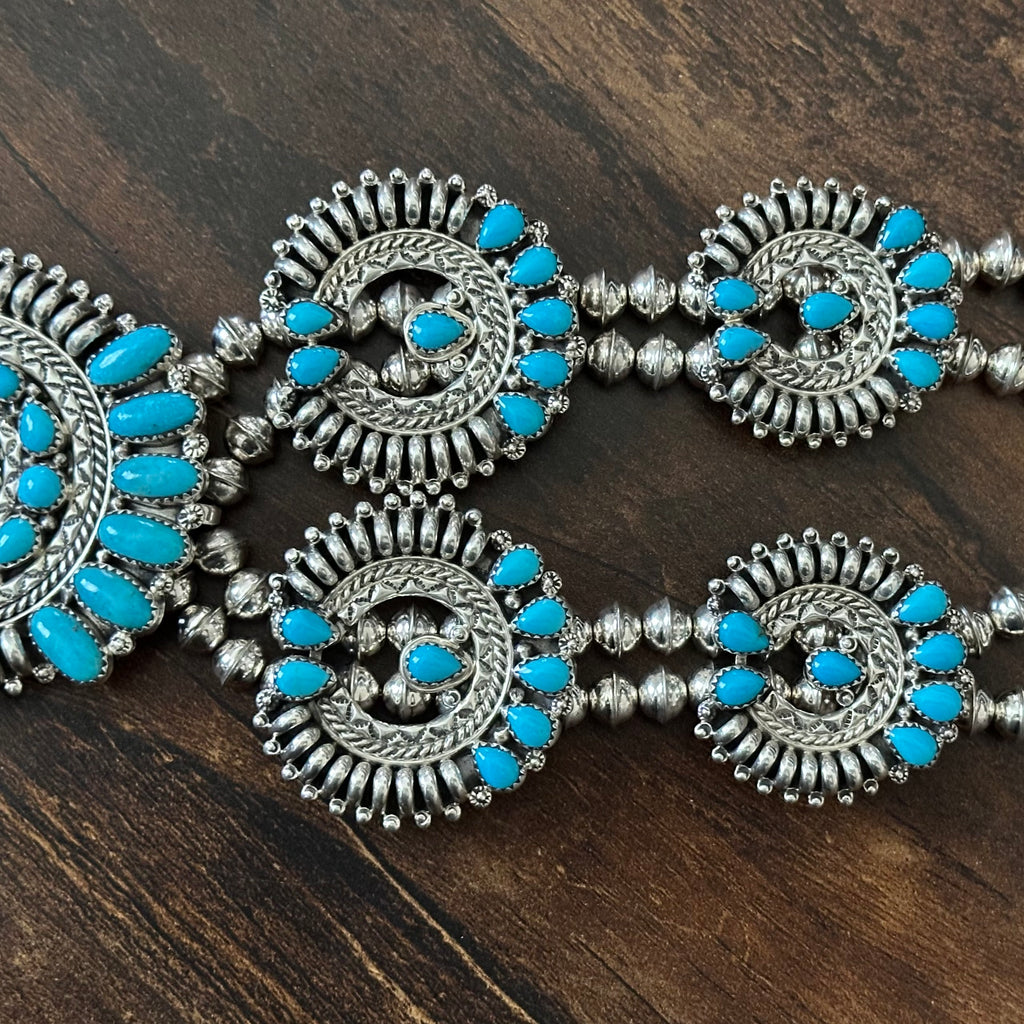 Navajo Nora Tsosie Turquoise 44 Stone Sterling Hand Stamped Petite Point Naja Statement Necklace Earrings Cuff Set