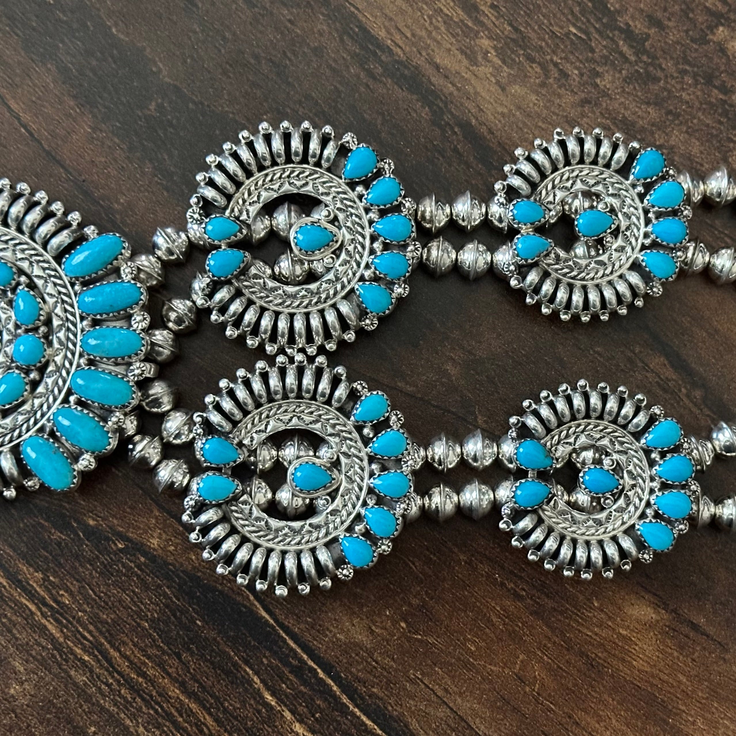 Navajo Nora Tsosie Turquoise 44 Stone Sterling Hand Stamped Petite Point Naja Statement Necklace Earrings Cuff Set