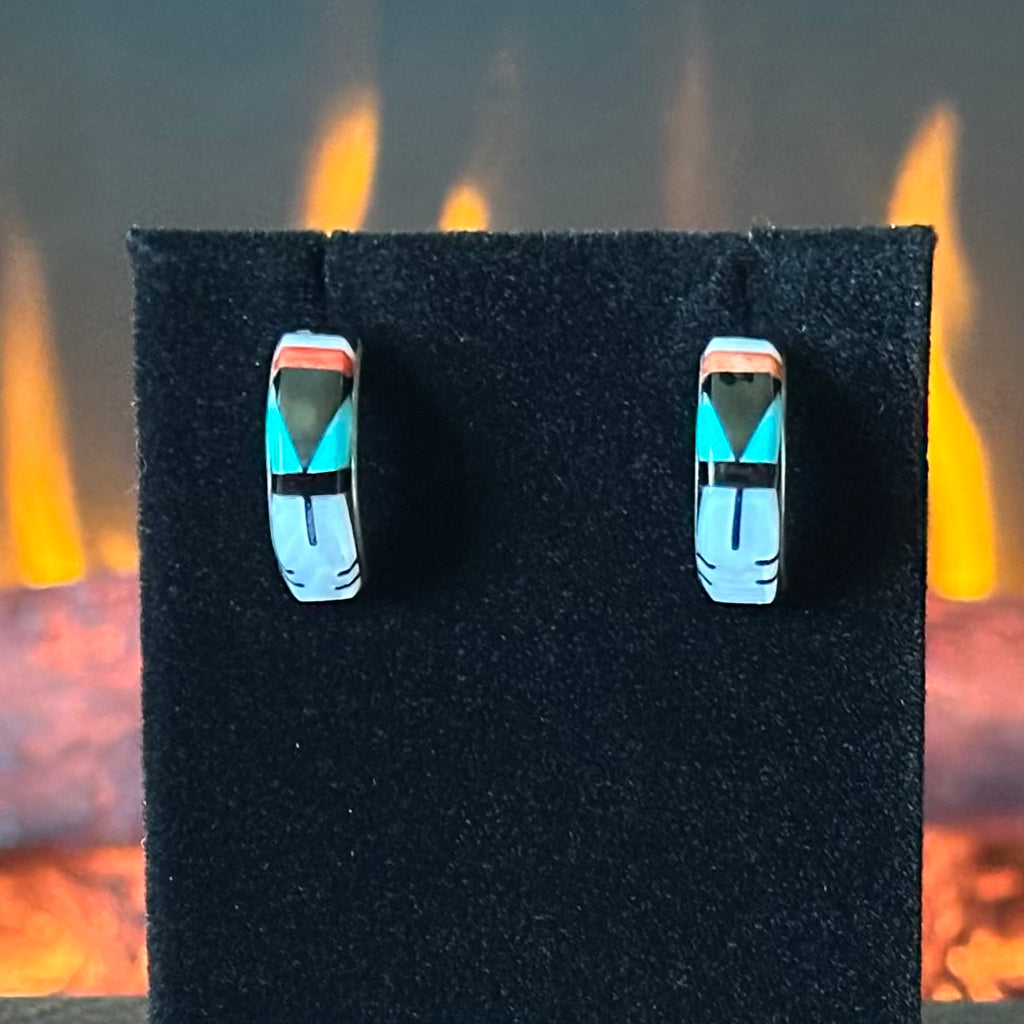 Turquoise Mother of Pearl Jet Red Coral Sterling Inlay Stud Earrings