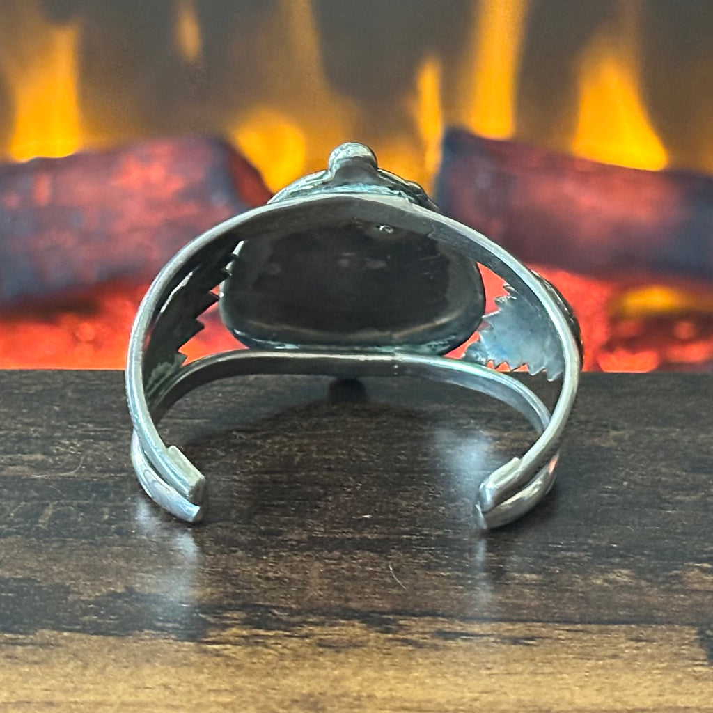 Turquoise Sterling Twist Wire Bezel Hand Stamped Leaf Statement Cuff