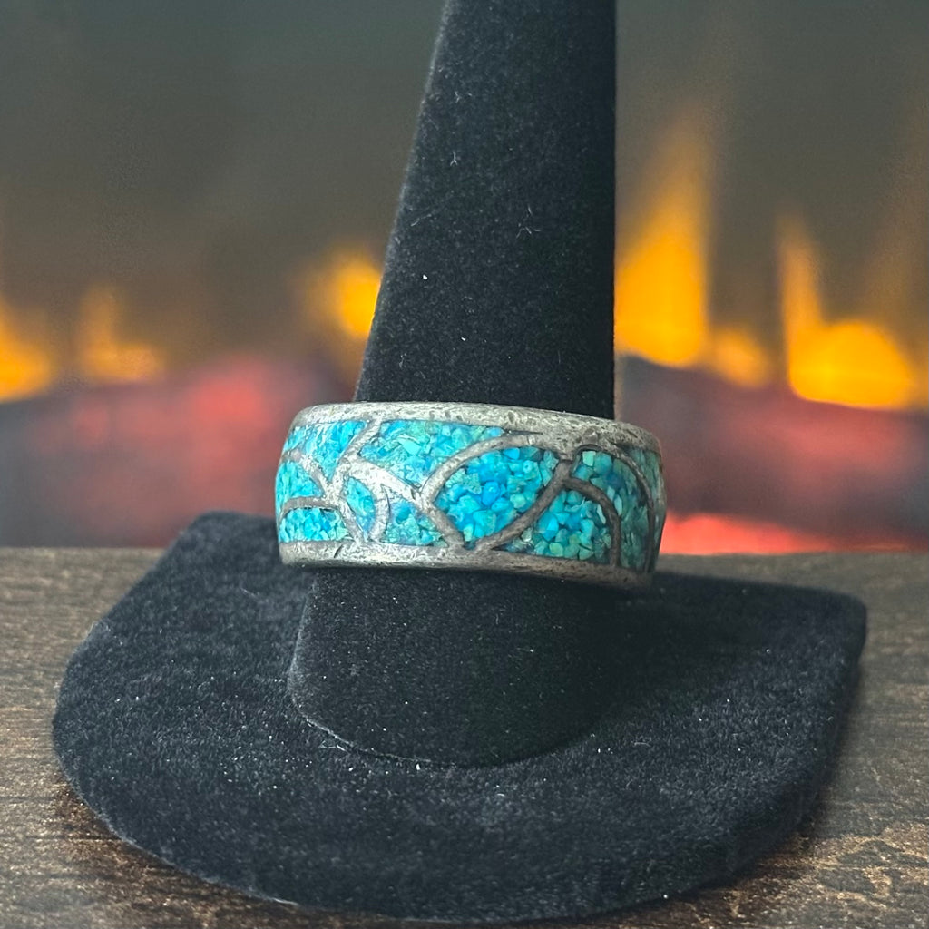 Vintage Crushed Turquoise Sterling Inlay Band Ring