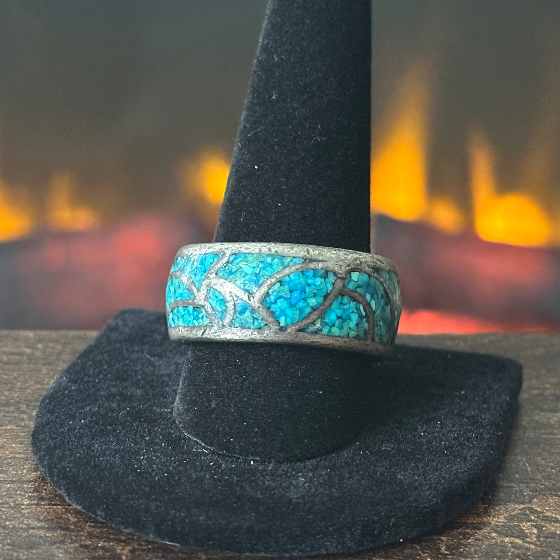 Vintage Crushed Turquoise Sterling Inlay Band Ring