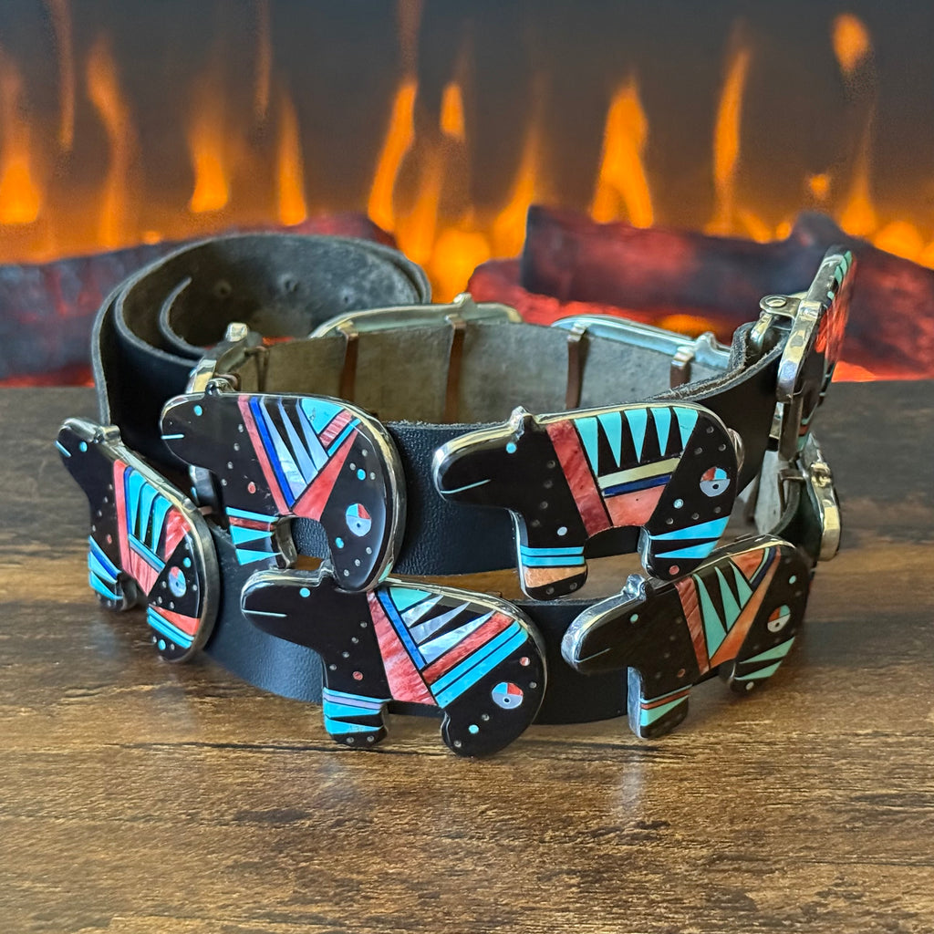 Navajo Gilbert Smith Turquoise Onyx Spiny Oyster Mother of Pearl Lapis Sterling 10 Bear Micro Inlay Belt