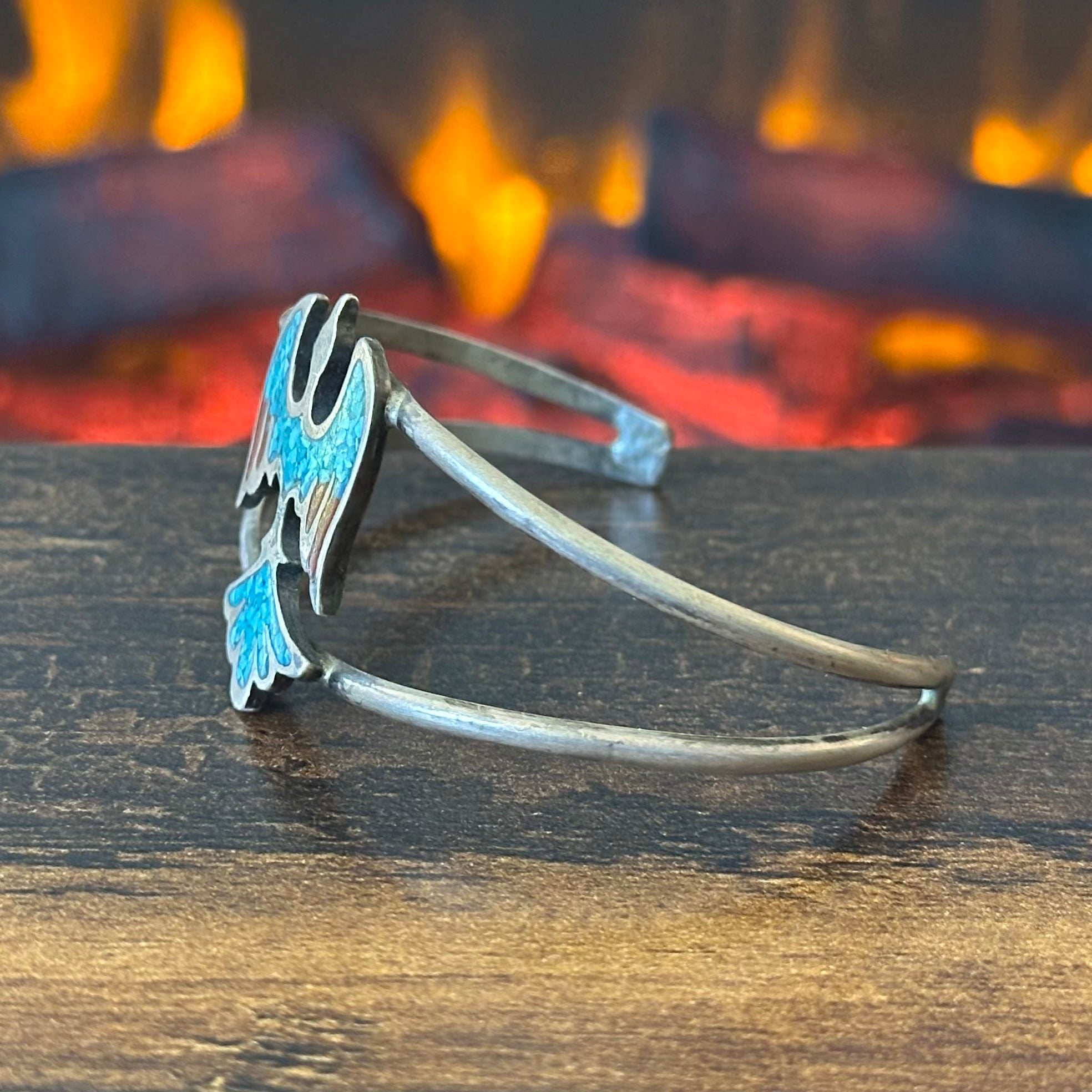 Vintage Turquoise Red Coral Sterling Peyote Bird Chip Inlay Cuff