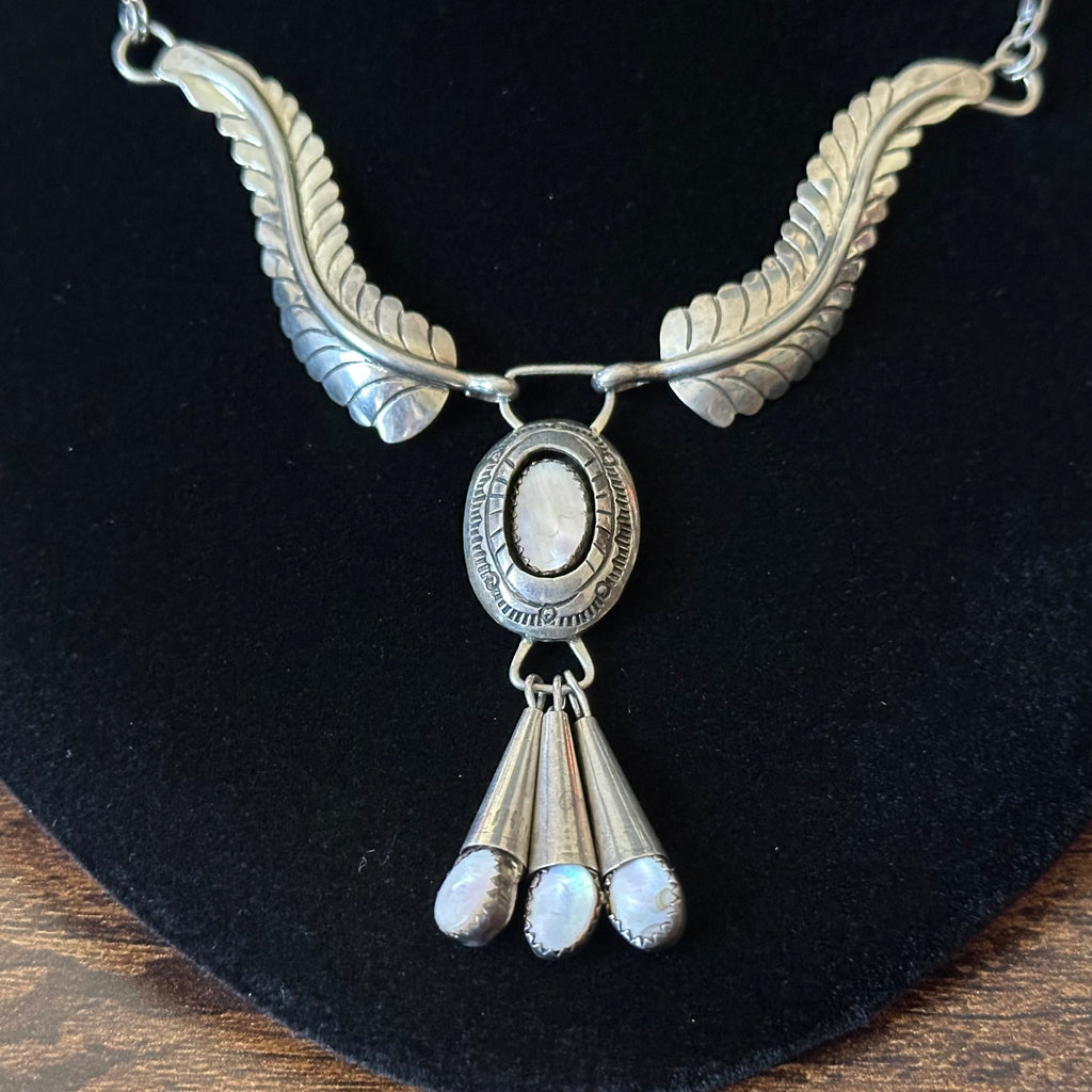 Navajo Harry Spencer Pink Mother of Pearl 4 Stone Sterling Hand Stamped Feather Necklace