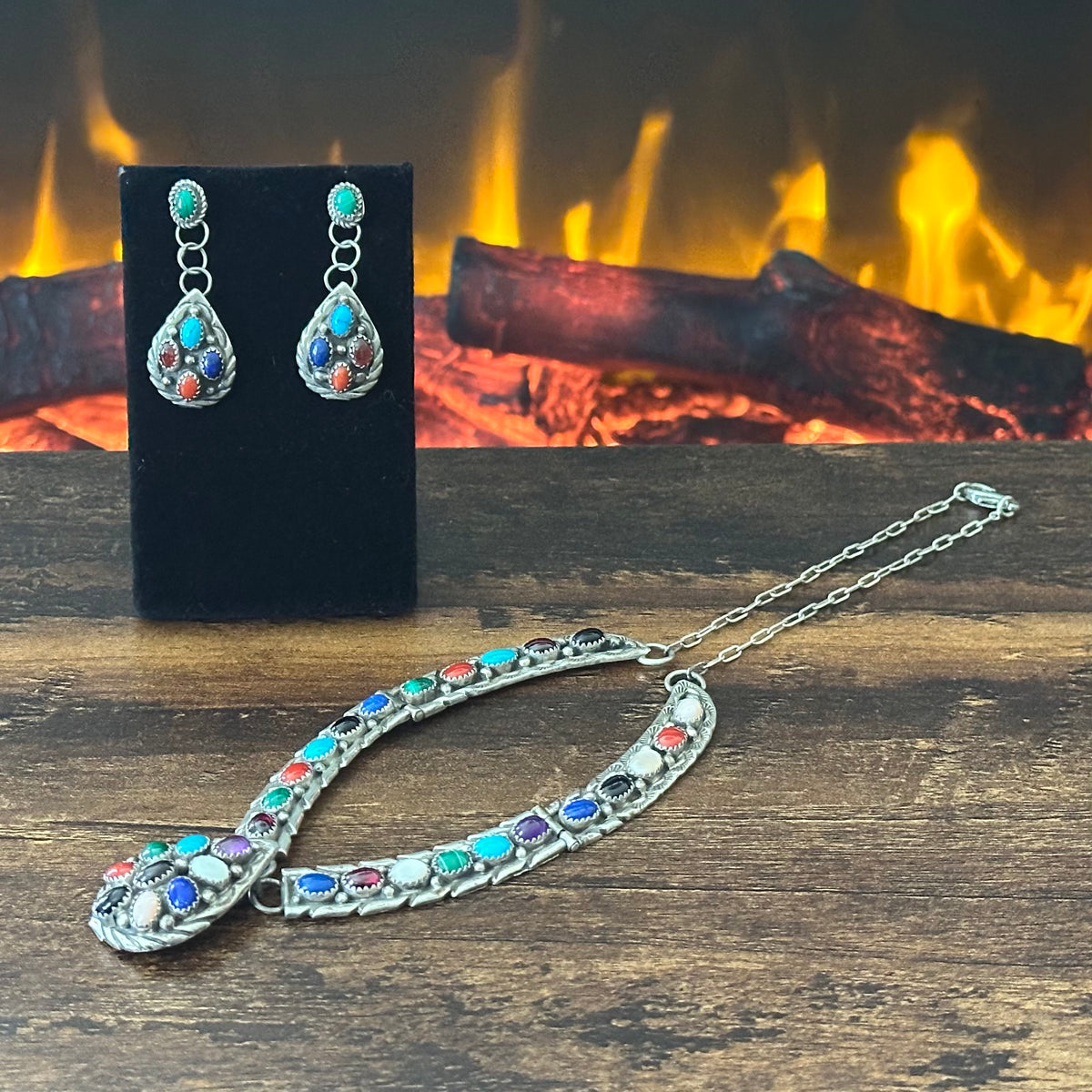 P.A. Signed Turquoise Amethyst Red Coral Garnet Mother of Pearl Malachite Lapis 31 Stone Sterling Hand Stamped Teardrop Necklace Earrings Set