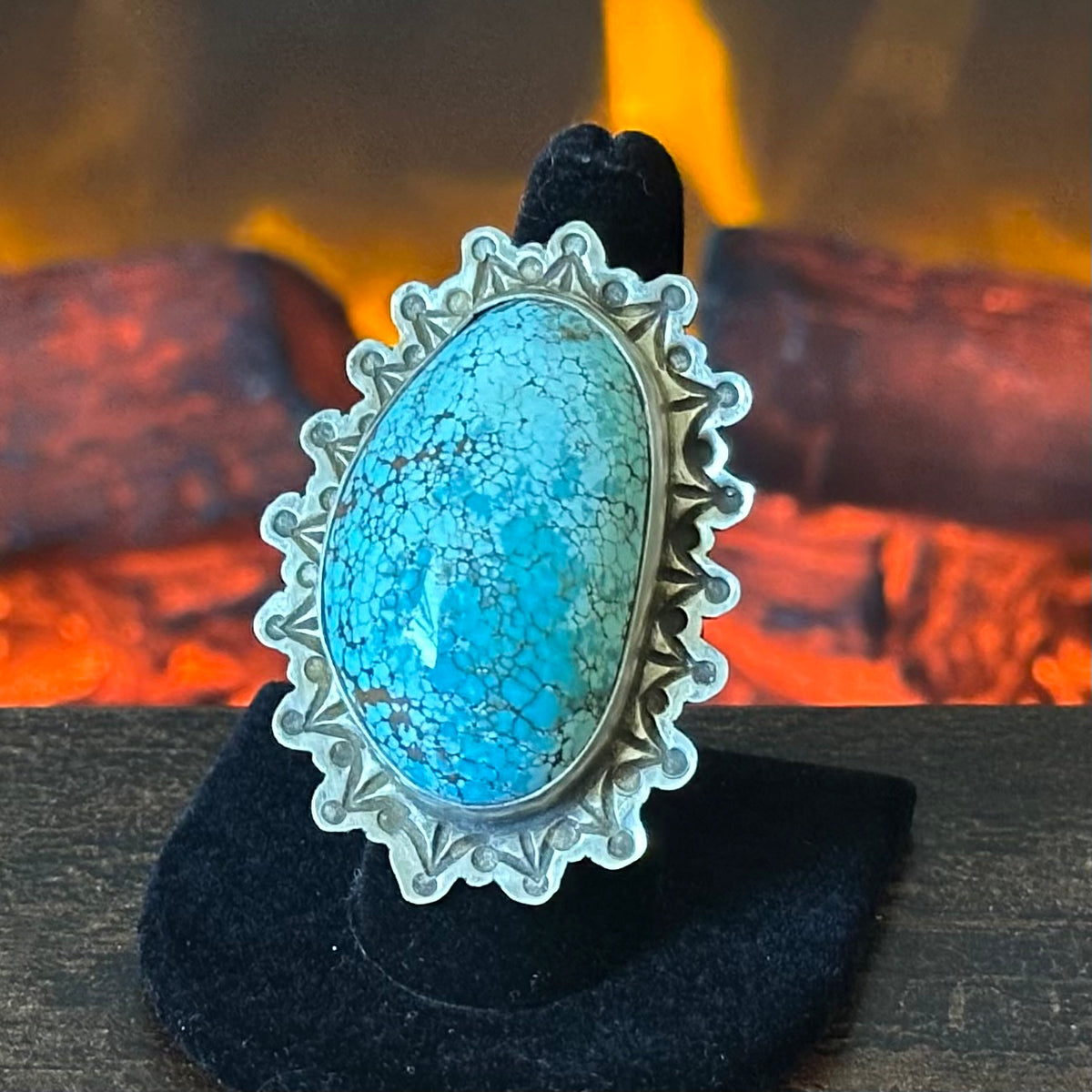 San Felipe Jacob Troncosa Webbed Turquoise Sterling Hand Stamped Statement Ring
