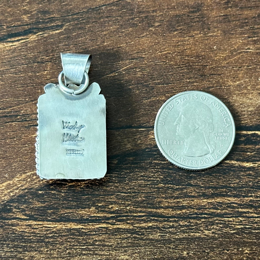 Navajo Vicky Hicks White Buffalo Sterling Twist Wire Square Pendant