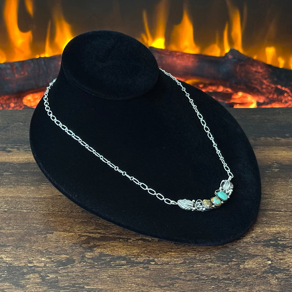 Navajo Gwendolyn Burnside Green Turquoise 3 Stone Sterling Floral Leaf Necklace