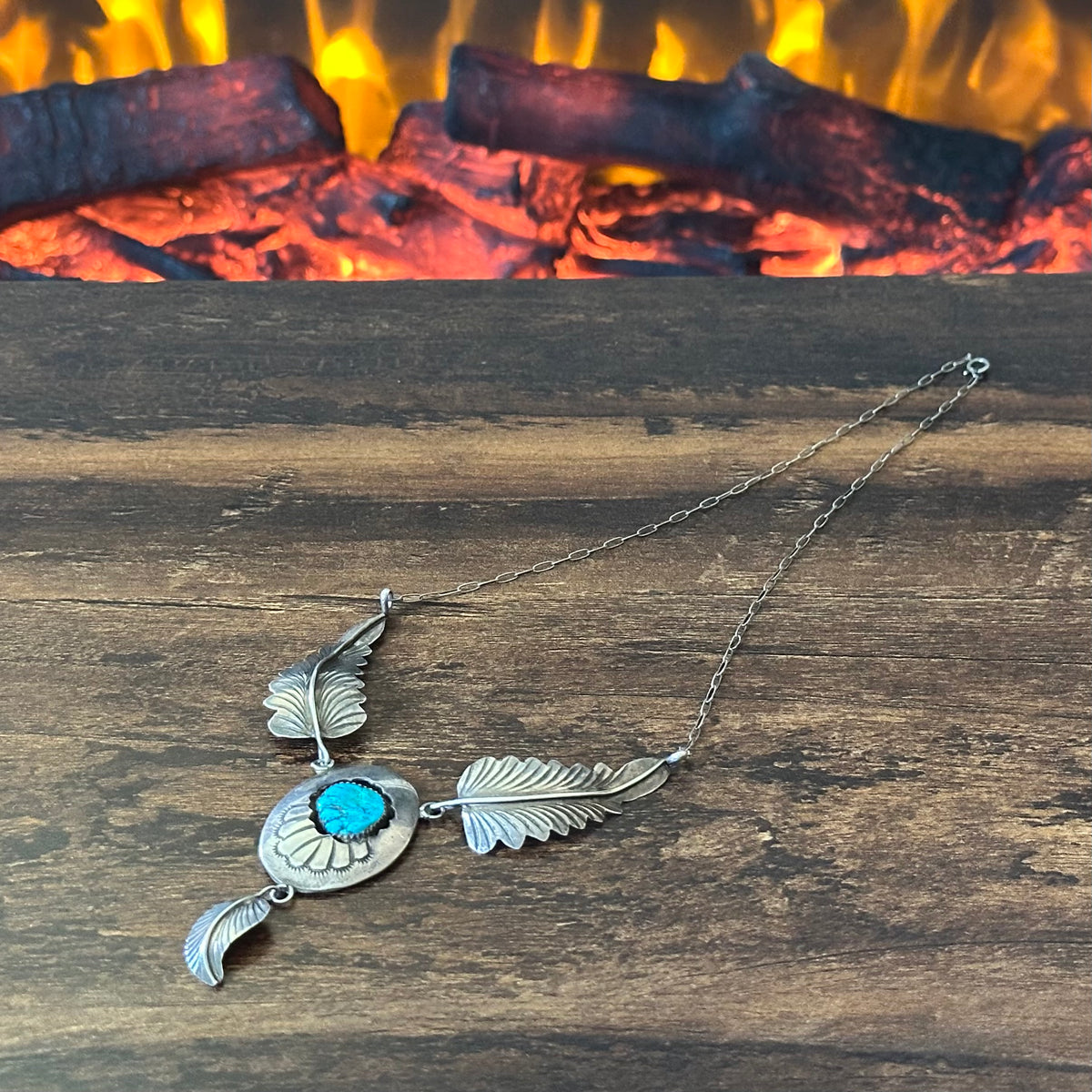 M Signed Vintage Turquoise Sterling Hand Stamped Shadowbox Feather Necklace