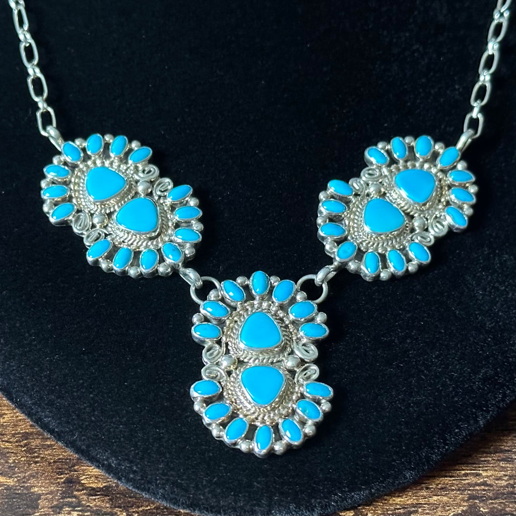 Running Bear Trading Turquoise 48 Stone Sterling Twist Wire Station Necklace