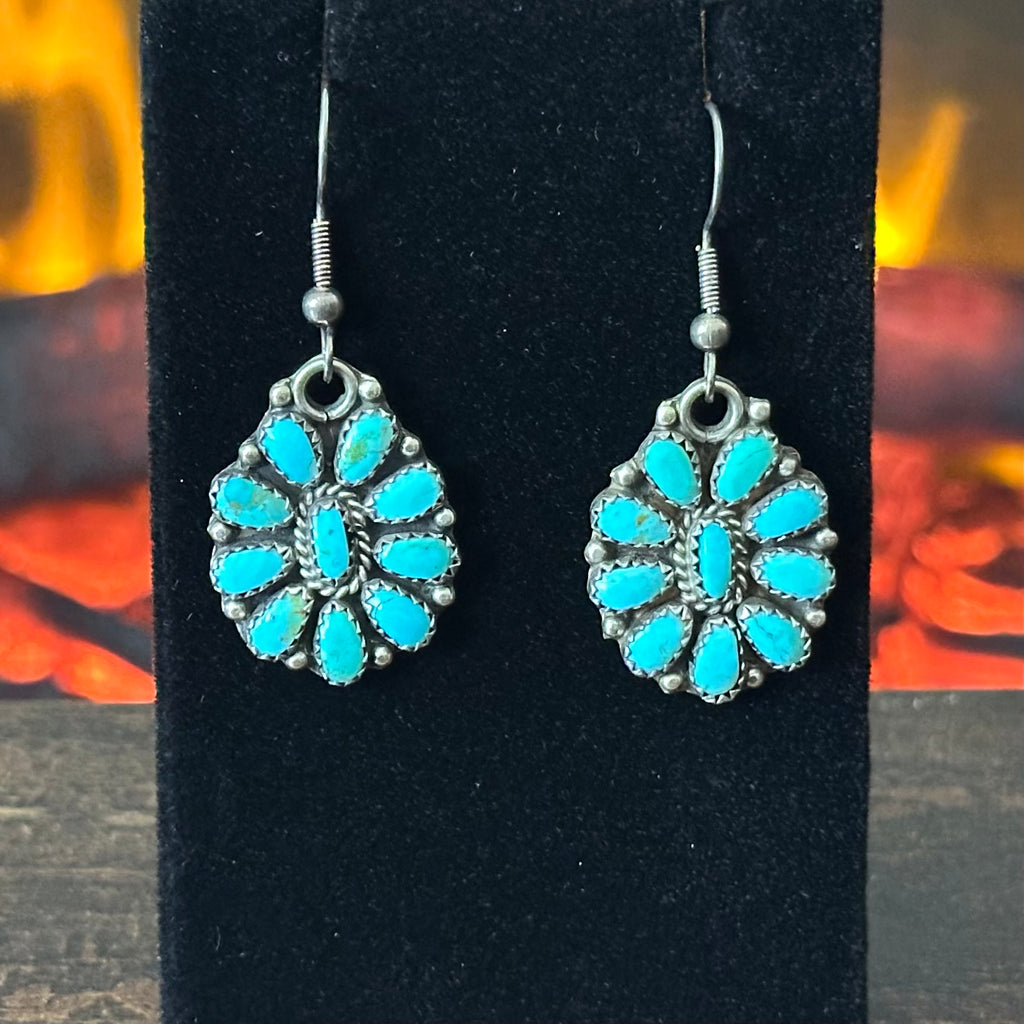 Navajo Larry Moses Begay Vintage Turquoise 166 Stone Sterling Cluster Squash Blossom Necklace Earrings Set