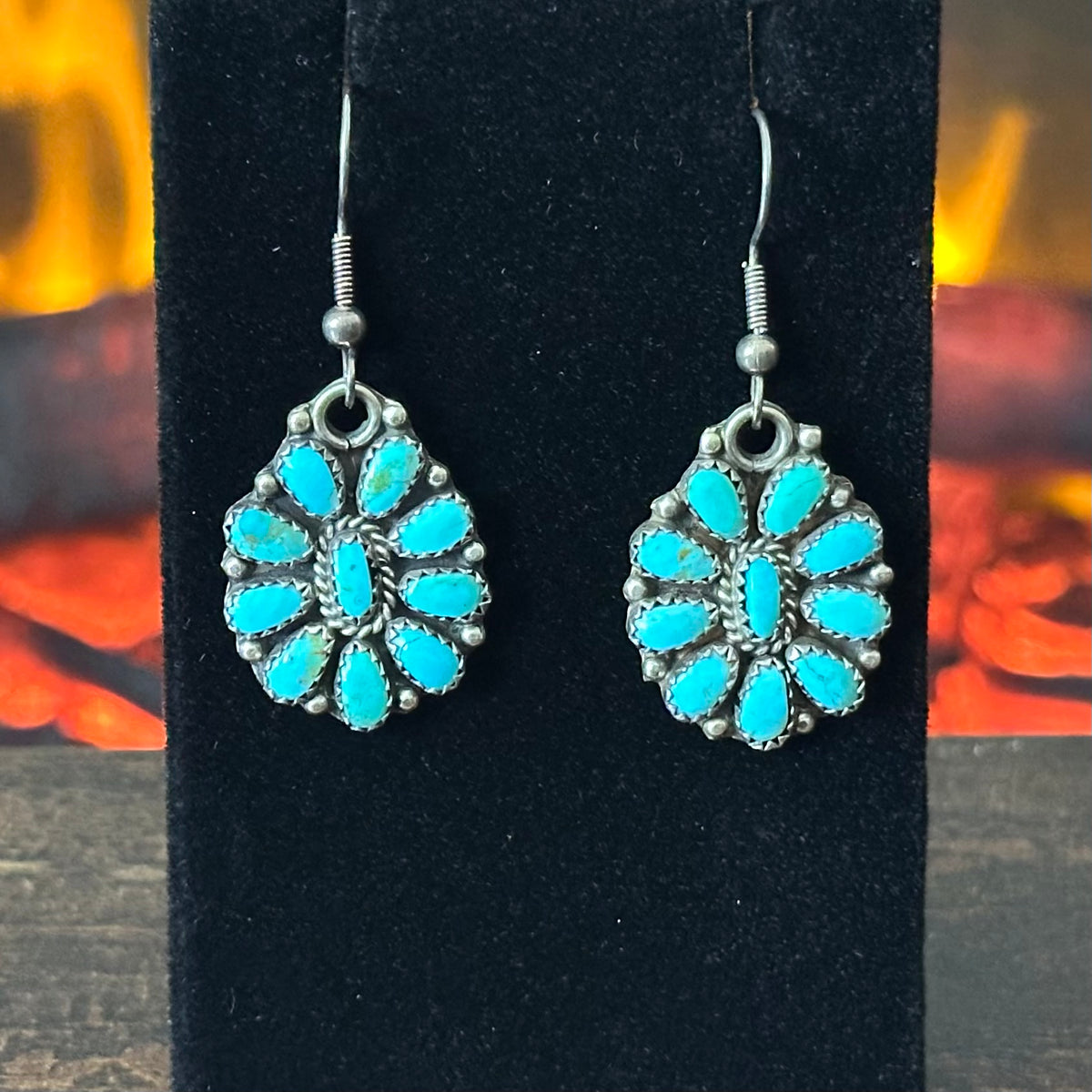 Navajo Larry Moses Begay Vintage Turquoise 166 Stone Sterling Cluster Squash Blossom Necklace Earrings Set