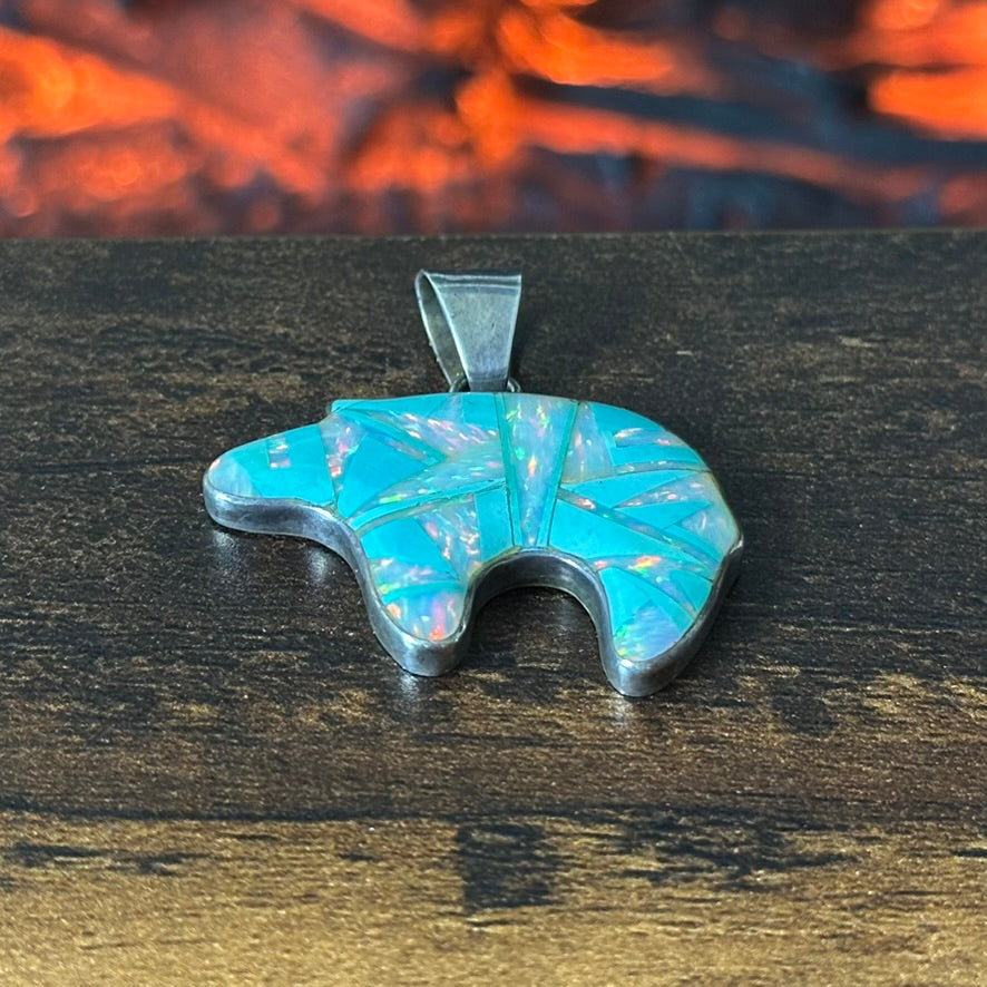 Navajo Wilbert Benally Turquoise Opal Sterling Bear Inlay Pendant