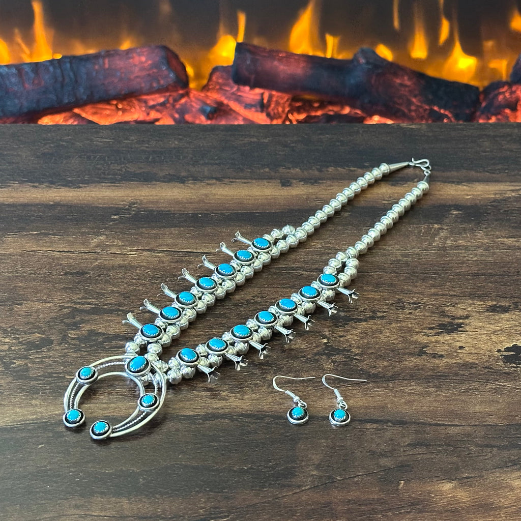 Navajo Phil & Lenora Garcia Sleeping Beauty Turquoise 19 Stone Sterling Squash Blossom Earrings Set