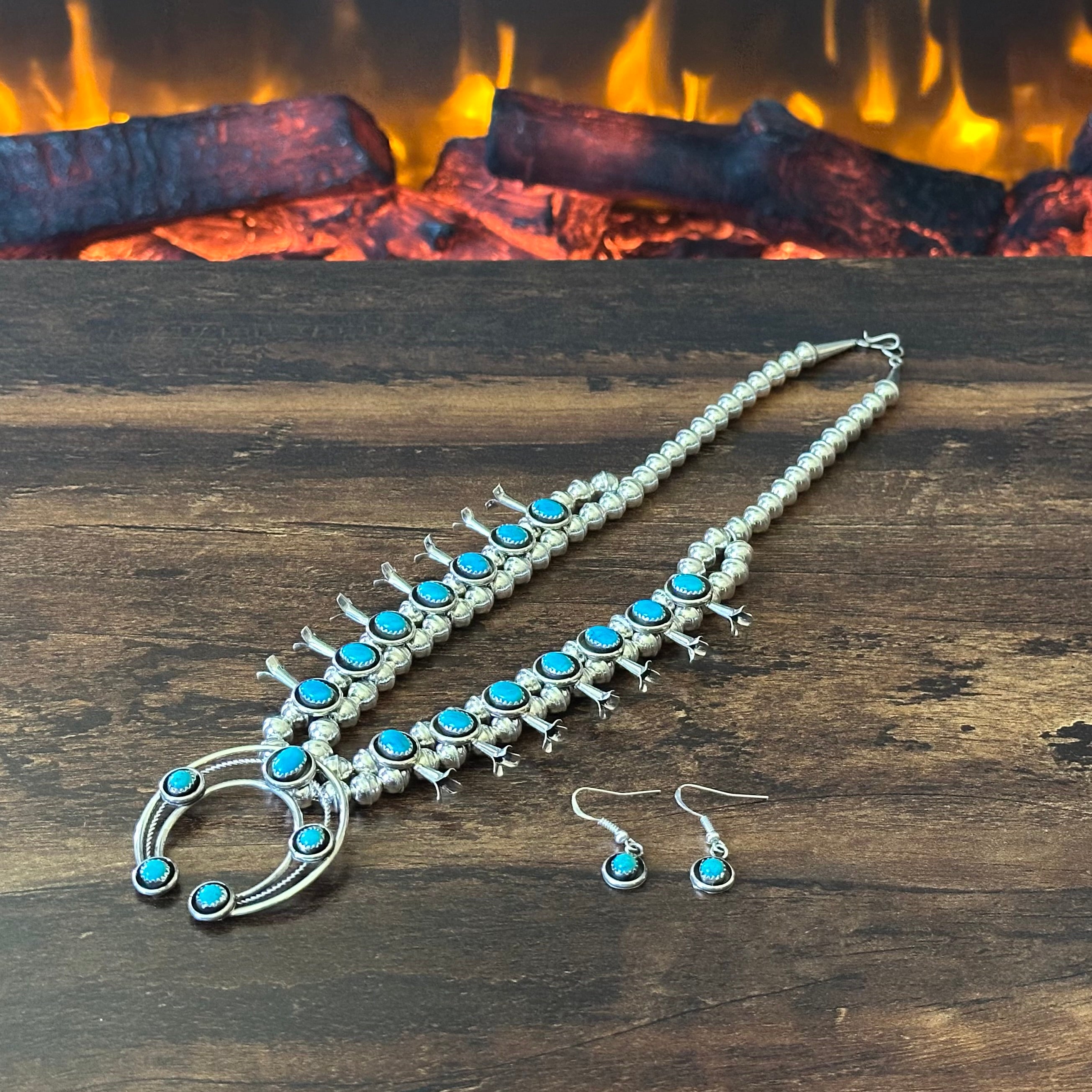 Navajo Phil & Lenora Garcia Sleeping Beauty Turquoise 19 Stone Sterling Squash Blossom Earrings Set