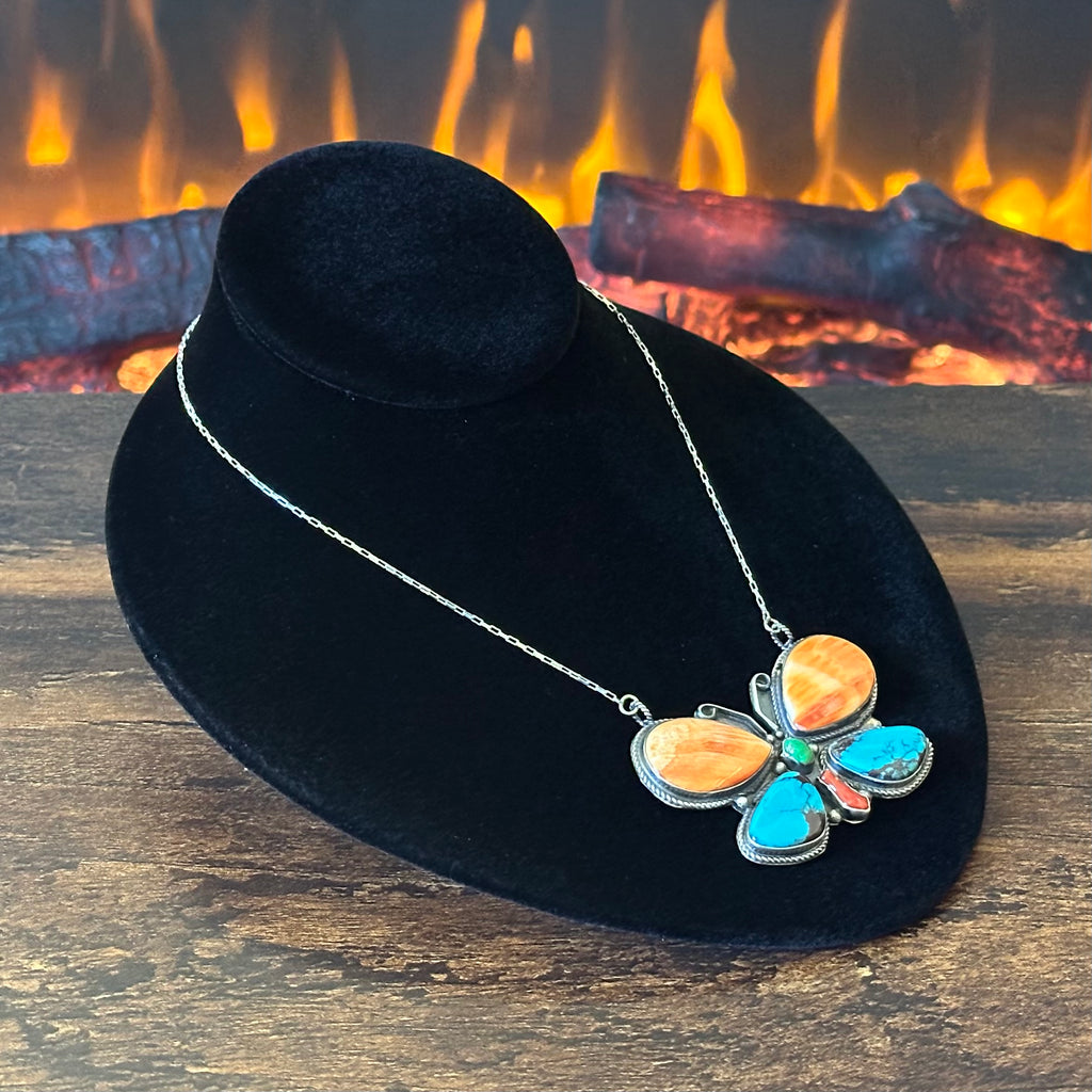 Navajo Phil & Lenora Garcia Turquoise Spiny Oyster Red Coral Sterling Butterfly Pendant Necklace