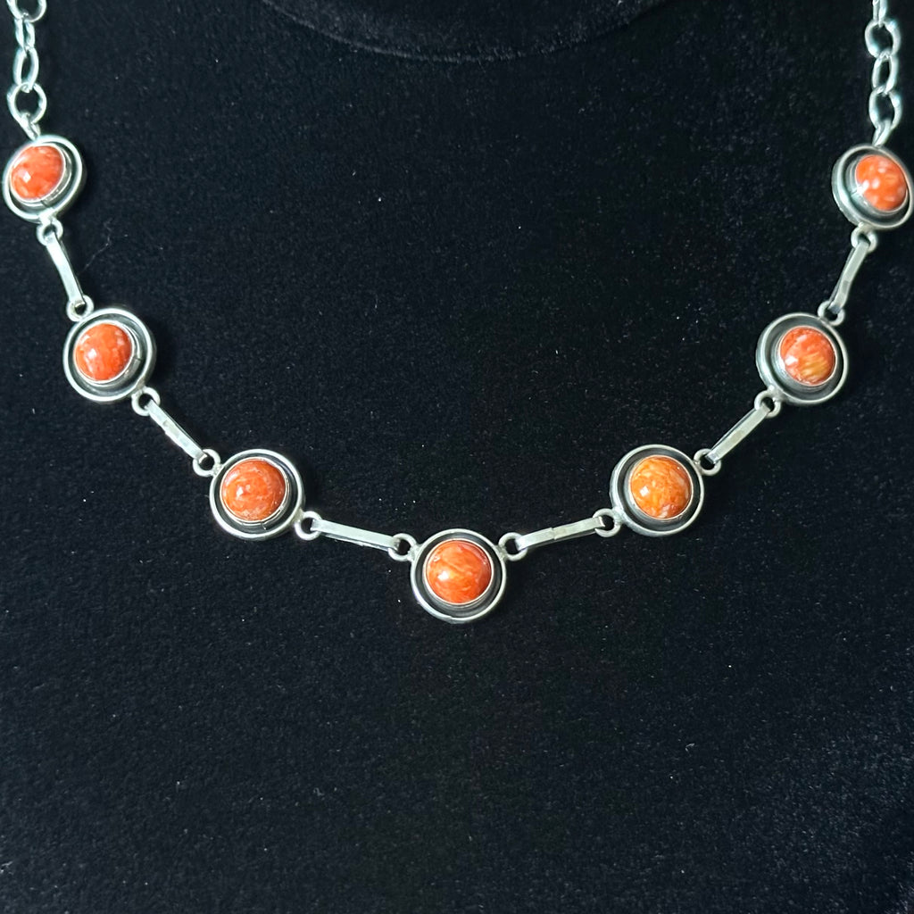 Navajo Martin Perry Spiny Oyster 7 Stone Sterling Shadowbox Station Necklace Earrings Set