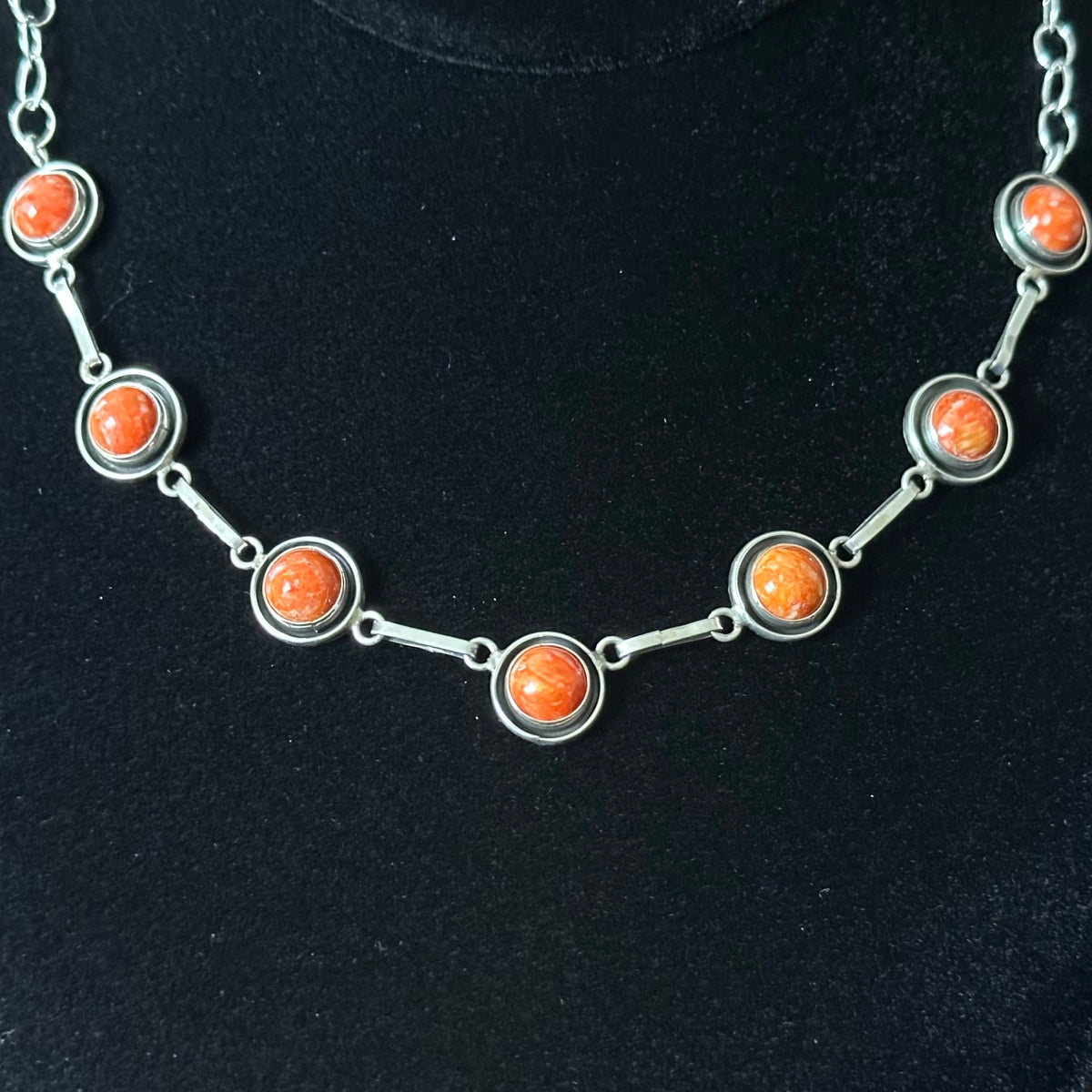 Navajo Martin Perry Spiny Oyster 7 Stone Sterling Shadowbox Station Necklace Earrings Set