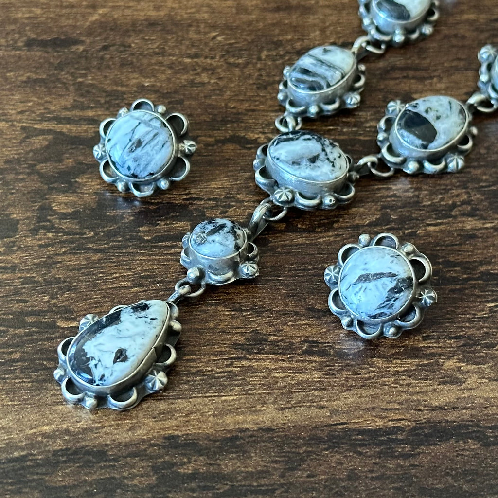Navajo Robert Martinez White Buffalo 9 Stone Sterling Floral Lariat Necklace Earrings Set