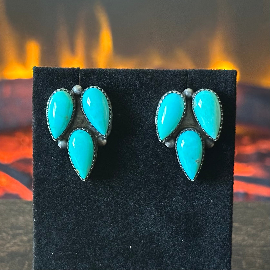 Navajo Debra Smith Kingman Turquoise 6 Stone Sterling Teardrop Cluster Stud Earrings