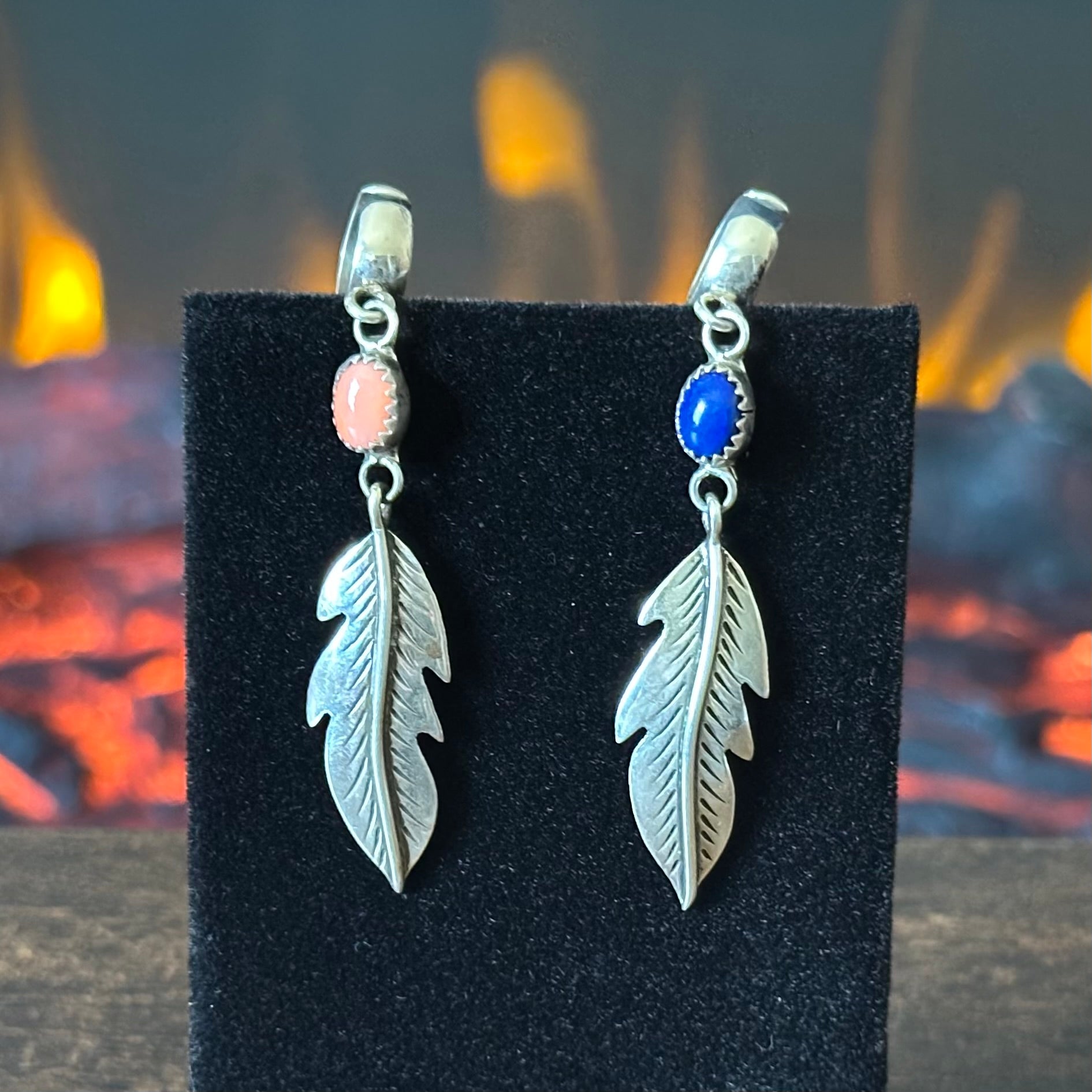 MP Signed Lapis Pink Shell Feather Clip Earrings