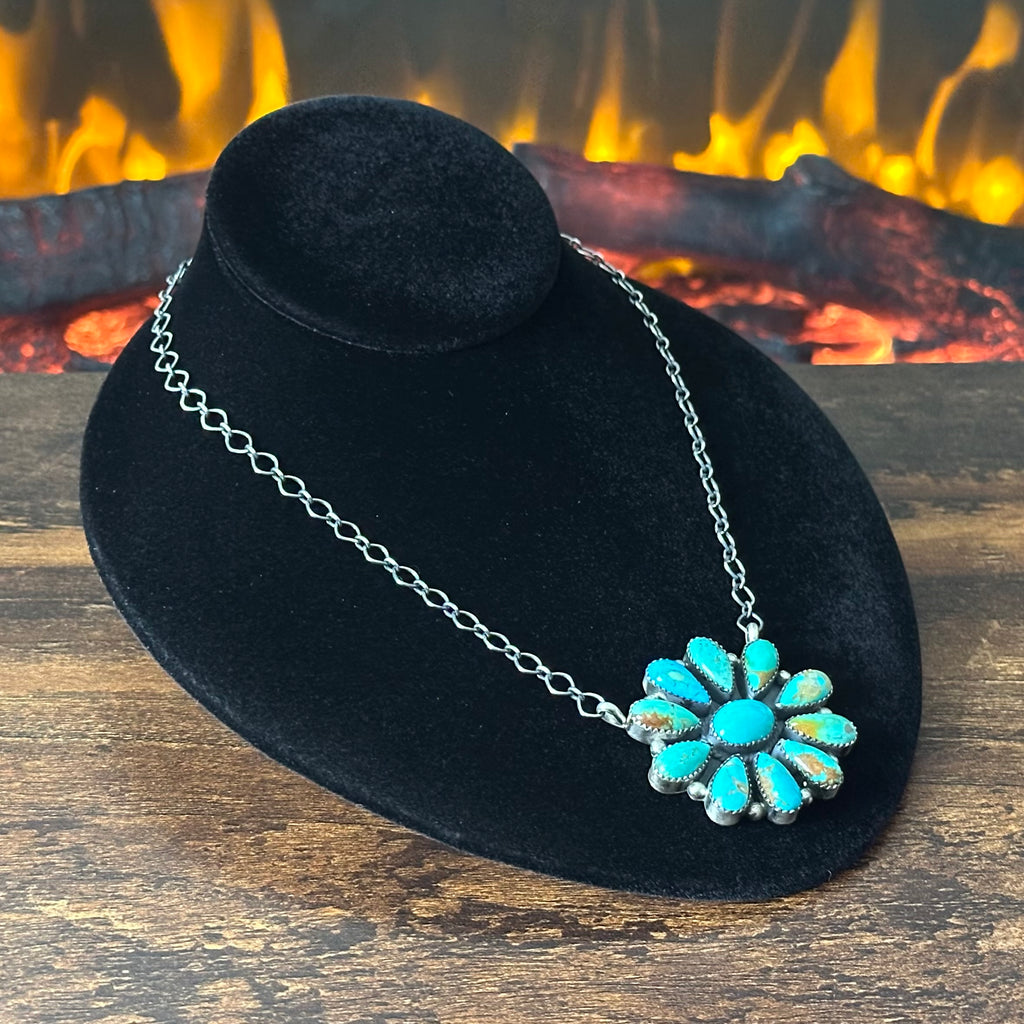 Navajo Debra Smith Kingman Turquoise 11 Stone Sterling Cluster Pendant Necklace