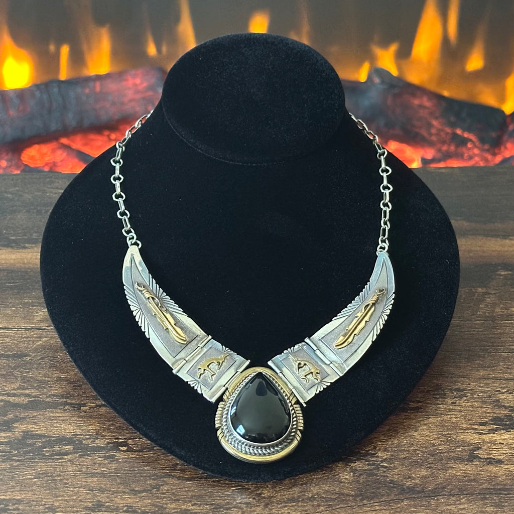 Navajo Lee Bennett Vintage Onyx Sterling 12k Gold Filled Kokopelli Feather Design Statement Necklace