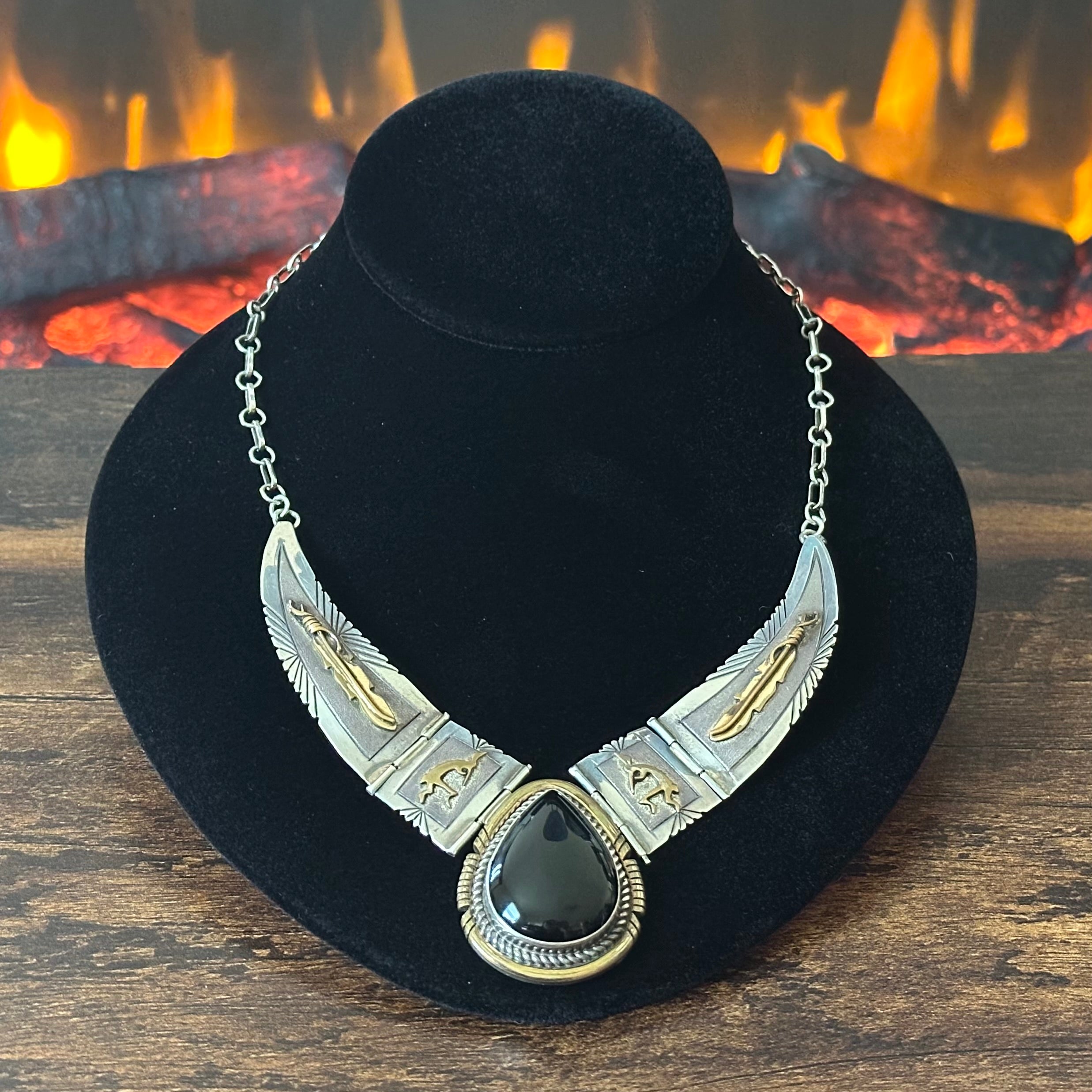 Navajo Lee Bennett Vintage Onyx Sterling 12k Gold Filled Kokopelli Feather Design Statement Necklace