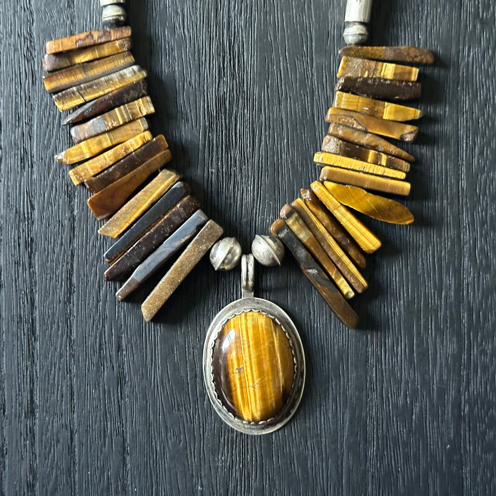 Kewa Ava & Marie Coriz Tigers Eye 107 Graduated Stone Sterling Cylinder Bead Hand Stamped Pendant Statement Necklace