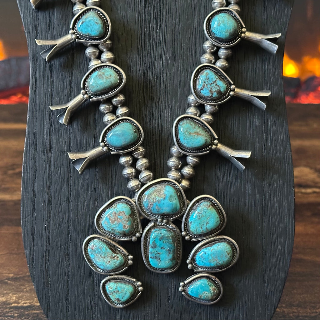 1970-80s Turquoise 20 Stone Sterling Handmade Bead Twist Wire Bezel Squash Blossom