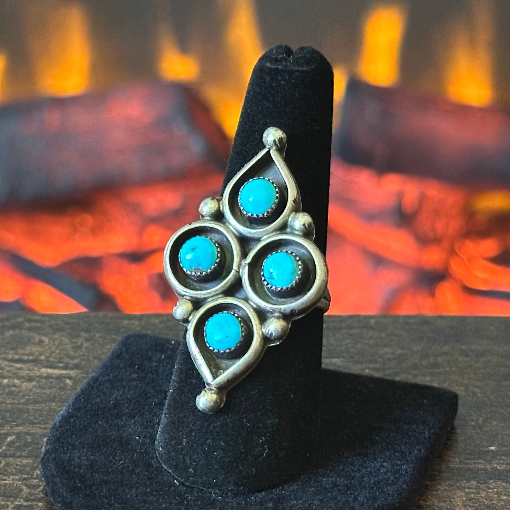 Vintage Turquoise 4 Stone Sterling Snake Eye Shadowbox Statement Ring