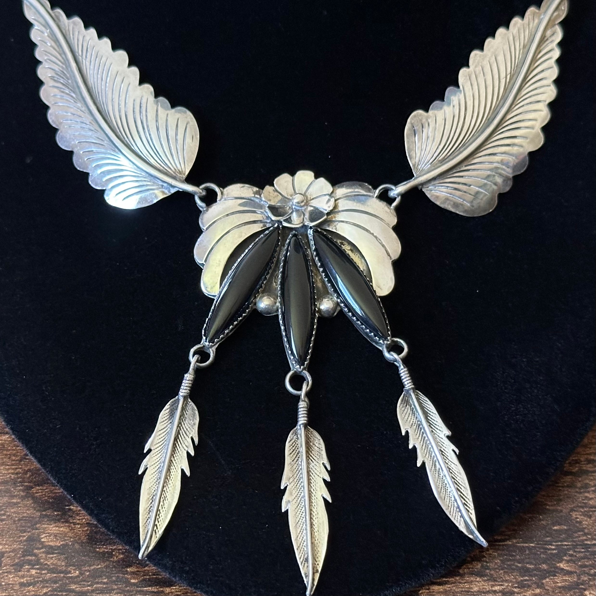 Navajo JW Toadlena Onyx 3 Stone Sterling Floral Leaf Feather Statement Necklace