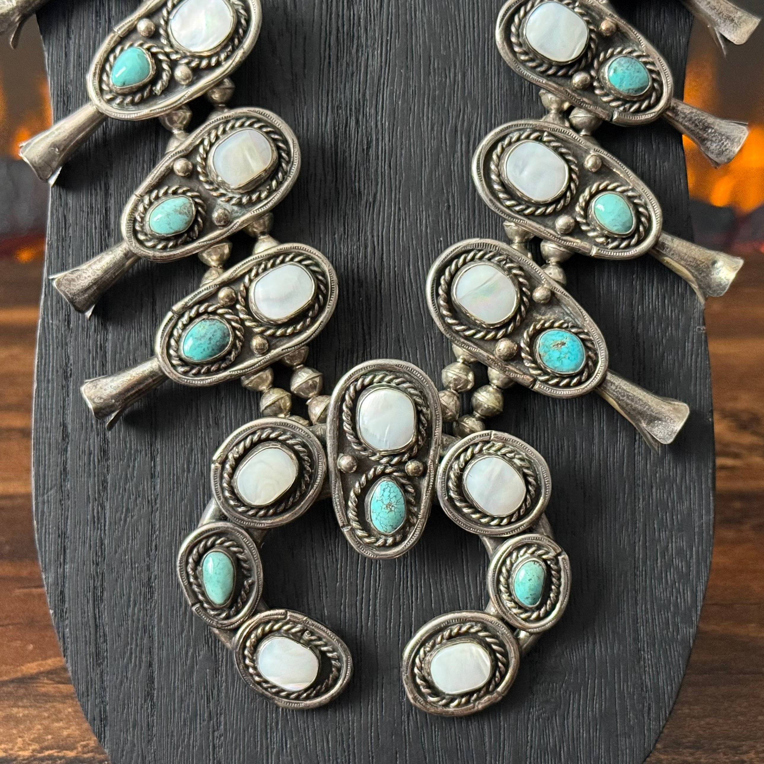 Vintage Turquoise Mother of Pearl 32 Stone Sterling Handmade Bead Stamped Twist Wire Squash Blossom