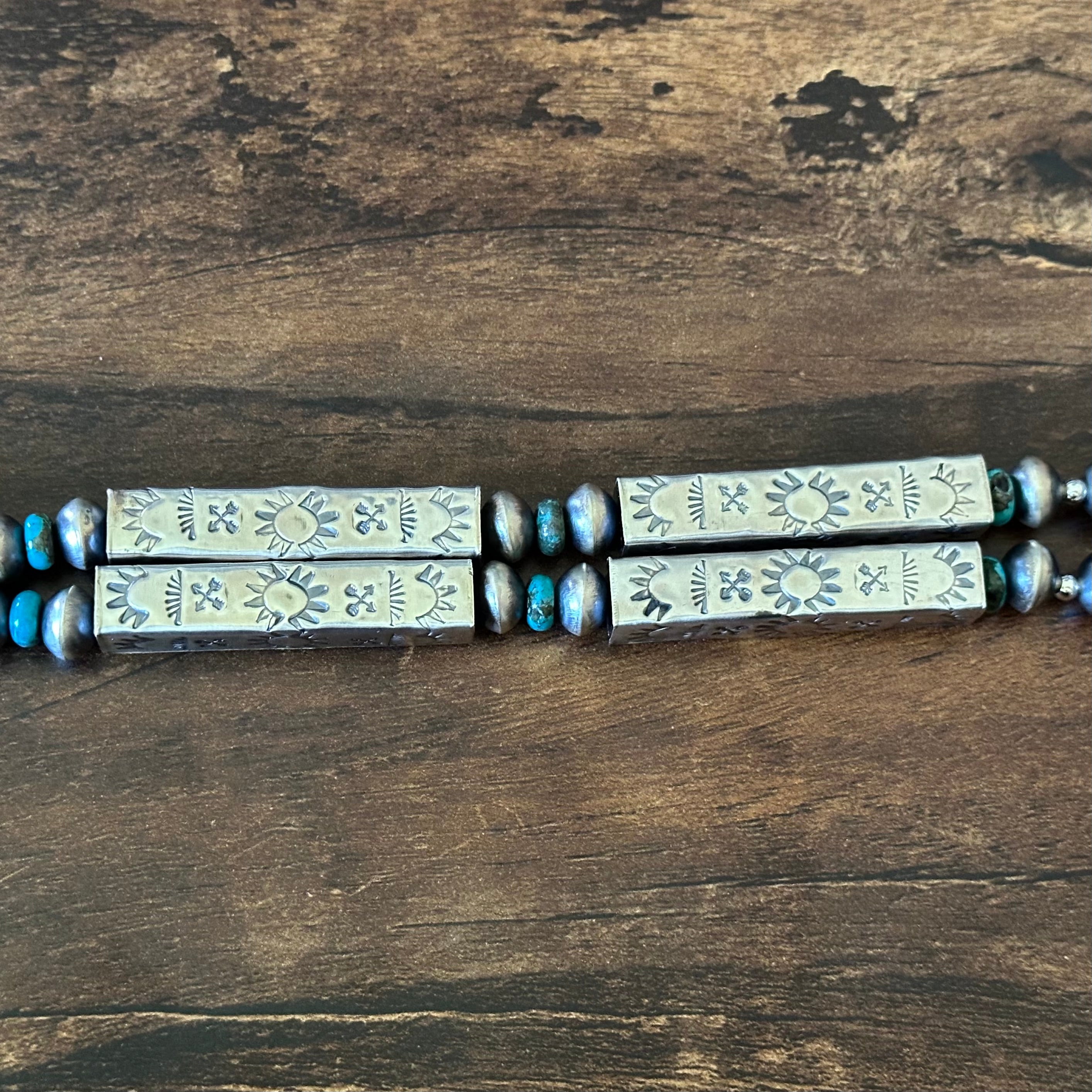 Navajo Tysha Aparicio Turquoise Sterling Handmade Rectangular Bead Stamped Necklace Earrings Set