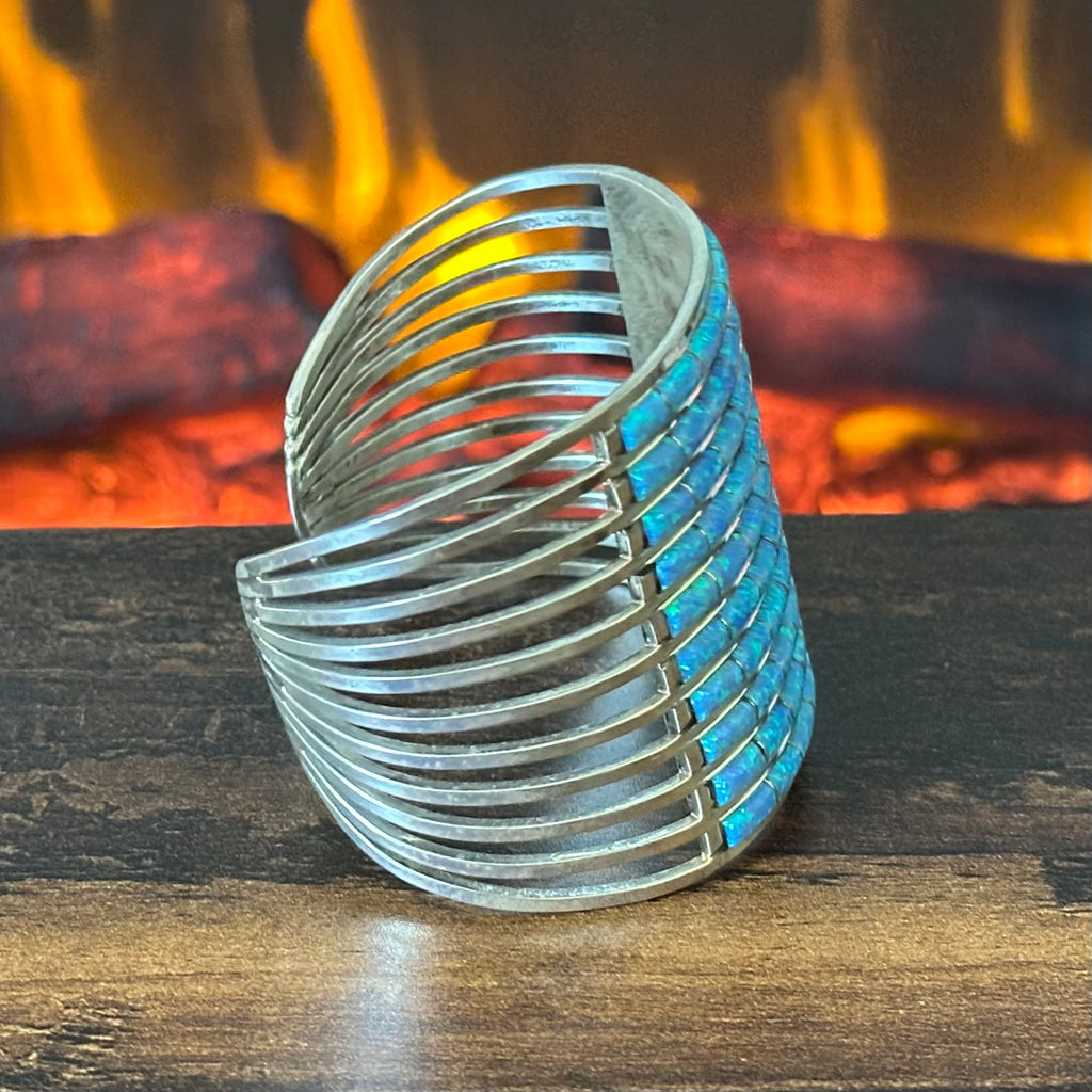 Zuni Anson & Leticia Wallace Blue Opal 80 Stone Sterling Inlay Statement Cuff