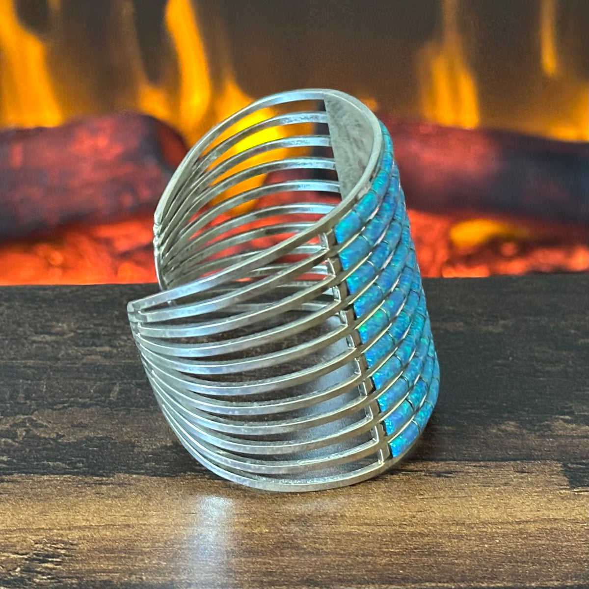 Zuni Anson & Leticia Wallace Blue Opal 80 Stone Sterling Inlay Statement Cuff