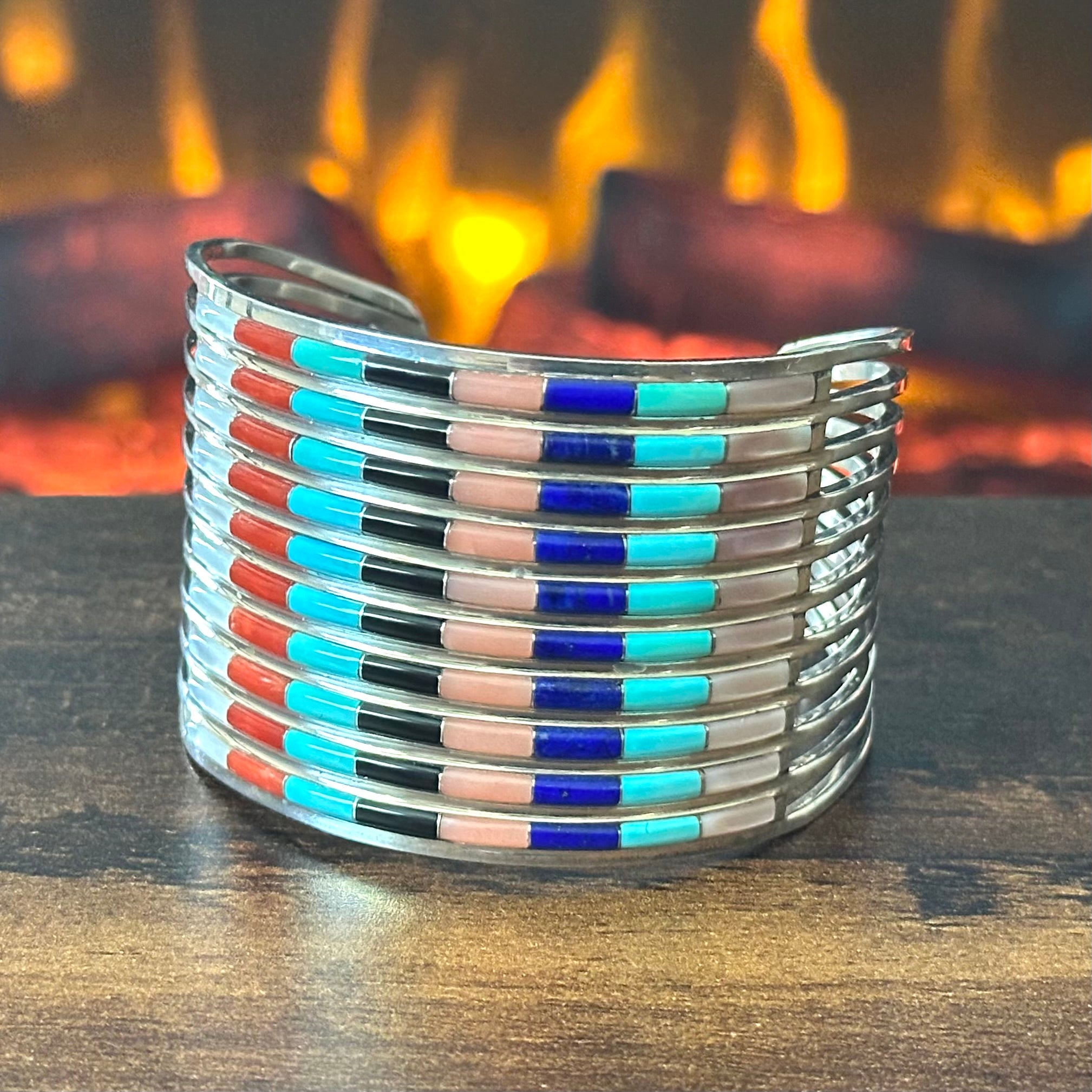 Zuni Anson & Leticia Wallace Turquoise Lapis Pink Conch MOP Onyx 80 Stone Sterling Inlay Statement Cuff
