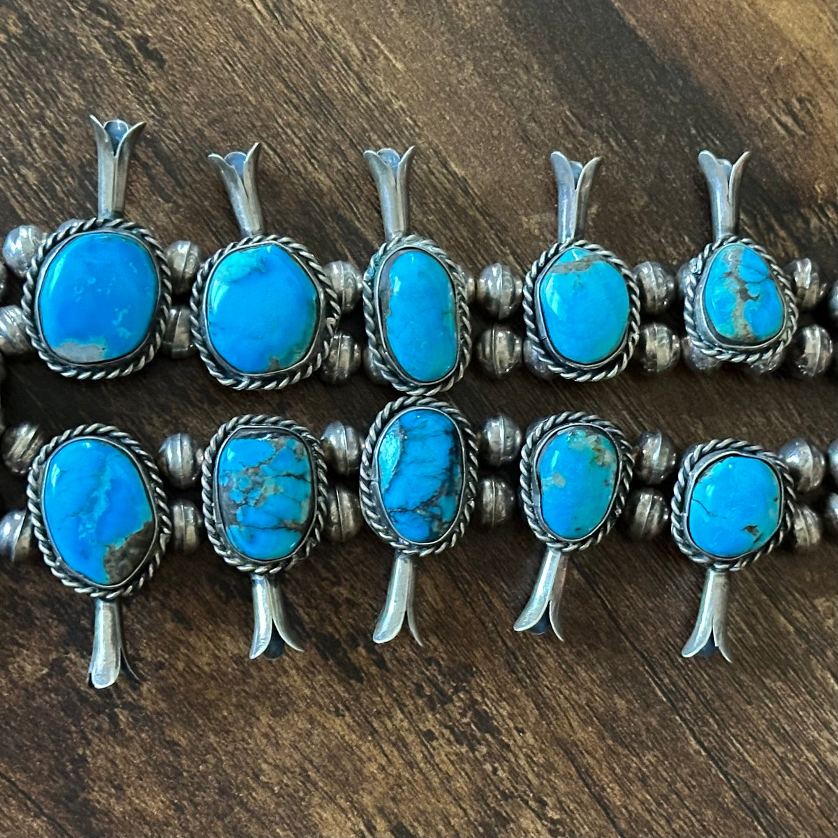 Vintage Turquoise 17 Stone Sterling Twist Wire Bezel Squash Blossom