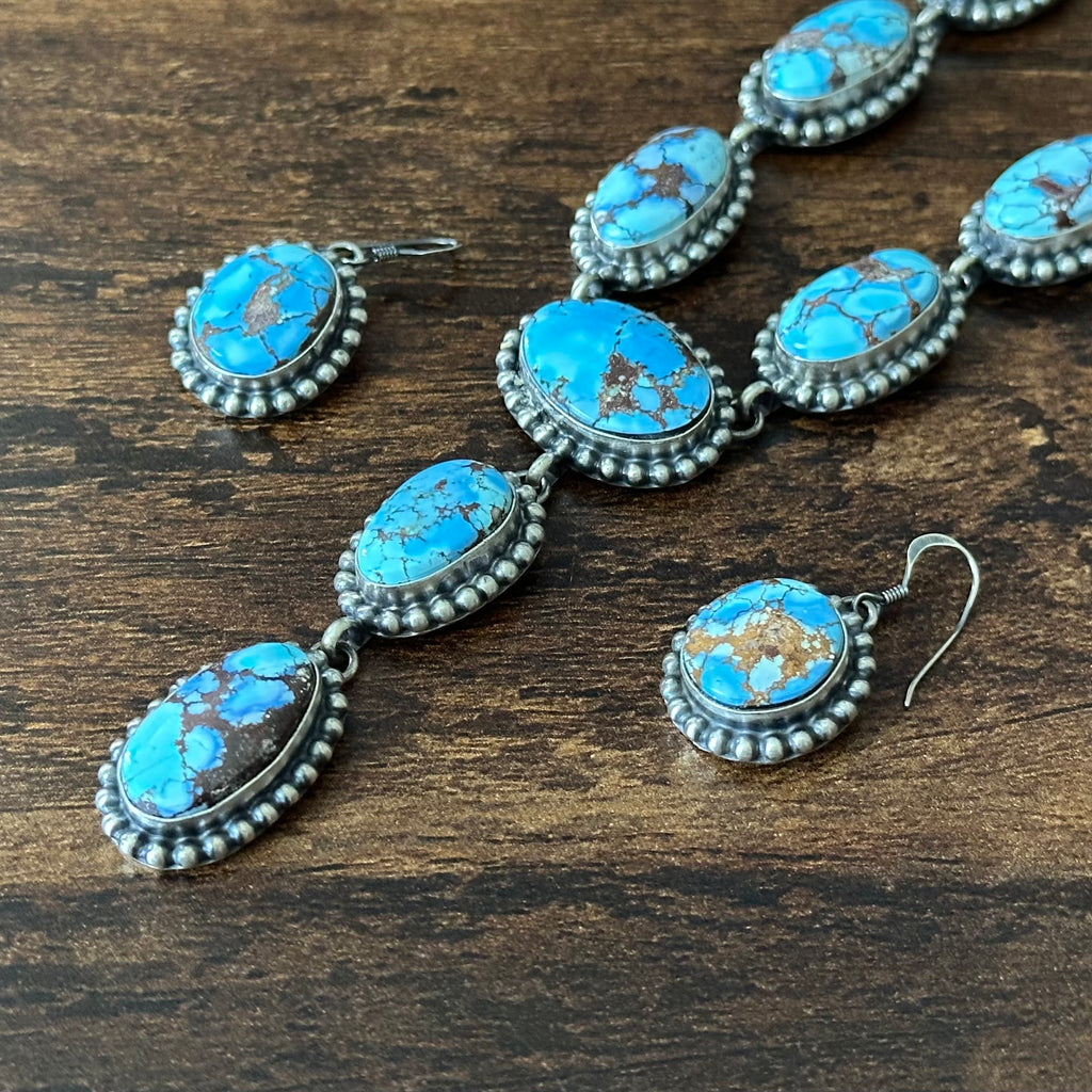 Navajo Mary Ann Spencer Golden Hills Turquoise 9 Stone Sterling Lariat Necklace Earrings Set