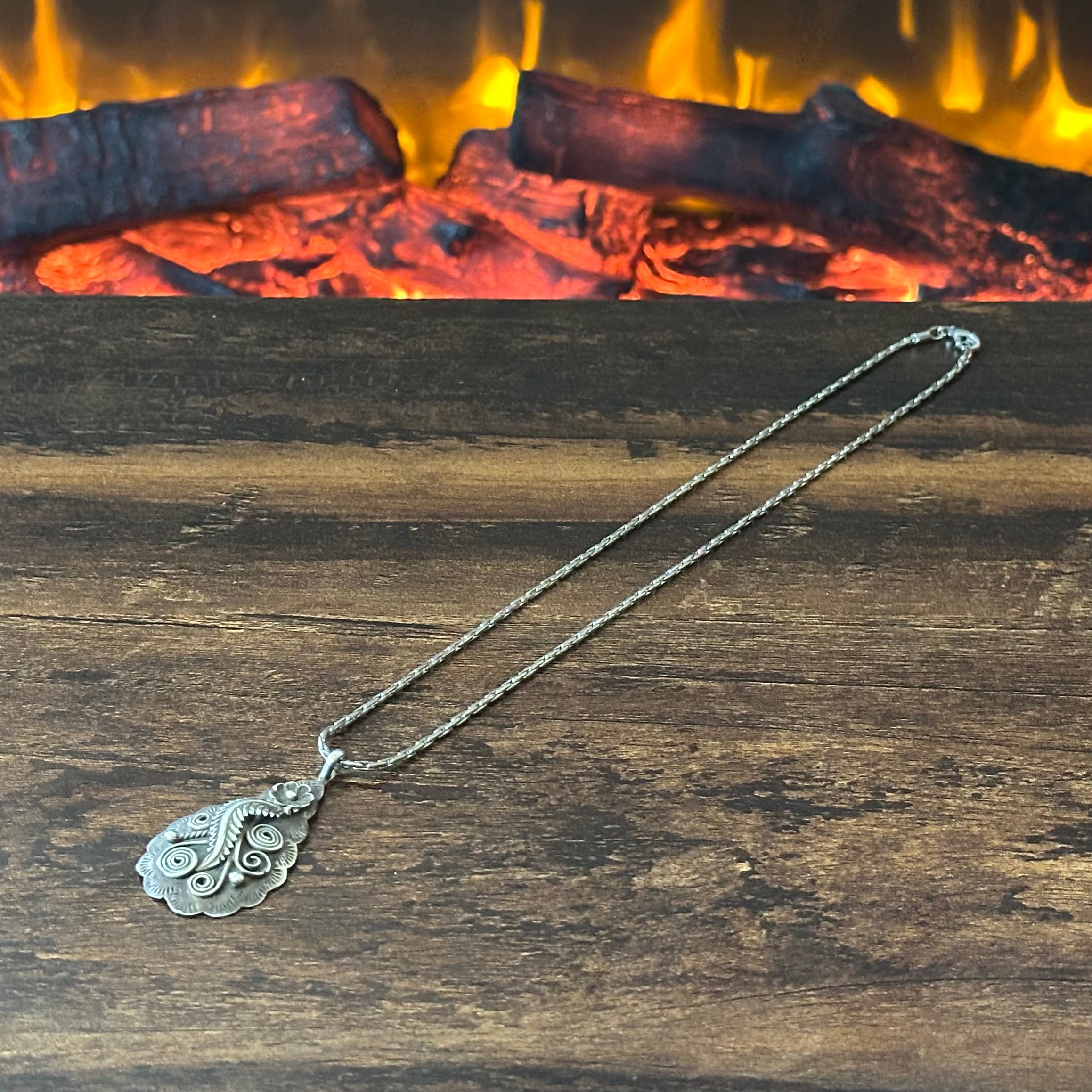Navajo James W. Tom Sterling Overlay Floral Feather Teadrop Pendant Necklace