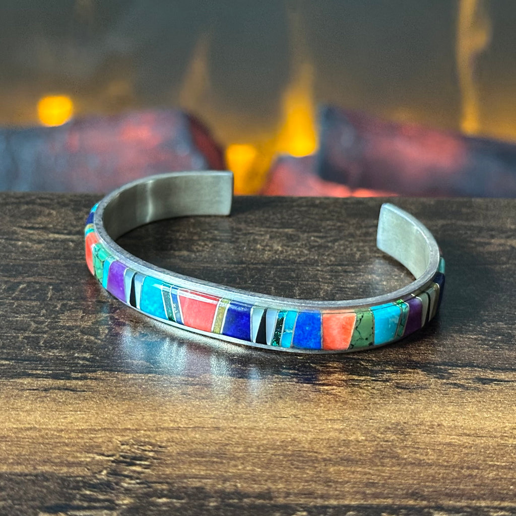 AL Signed Turquoise Lapis Spiny Oyster Sugilite Jasper Opal Sterling Wraparound Inlay Cuff