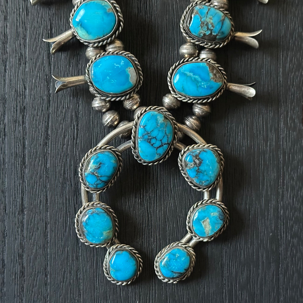 Vintage Turquoise 17 Stone Sterling Twist Wire Bezel Squash Blossom