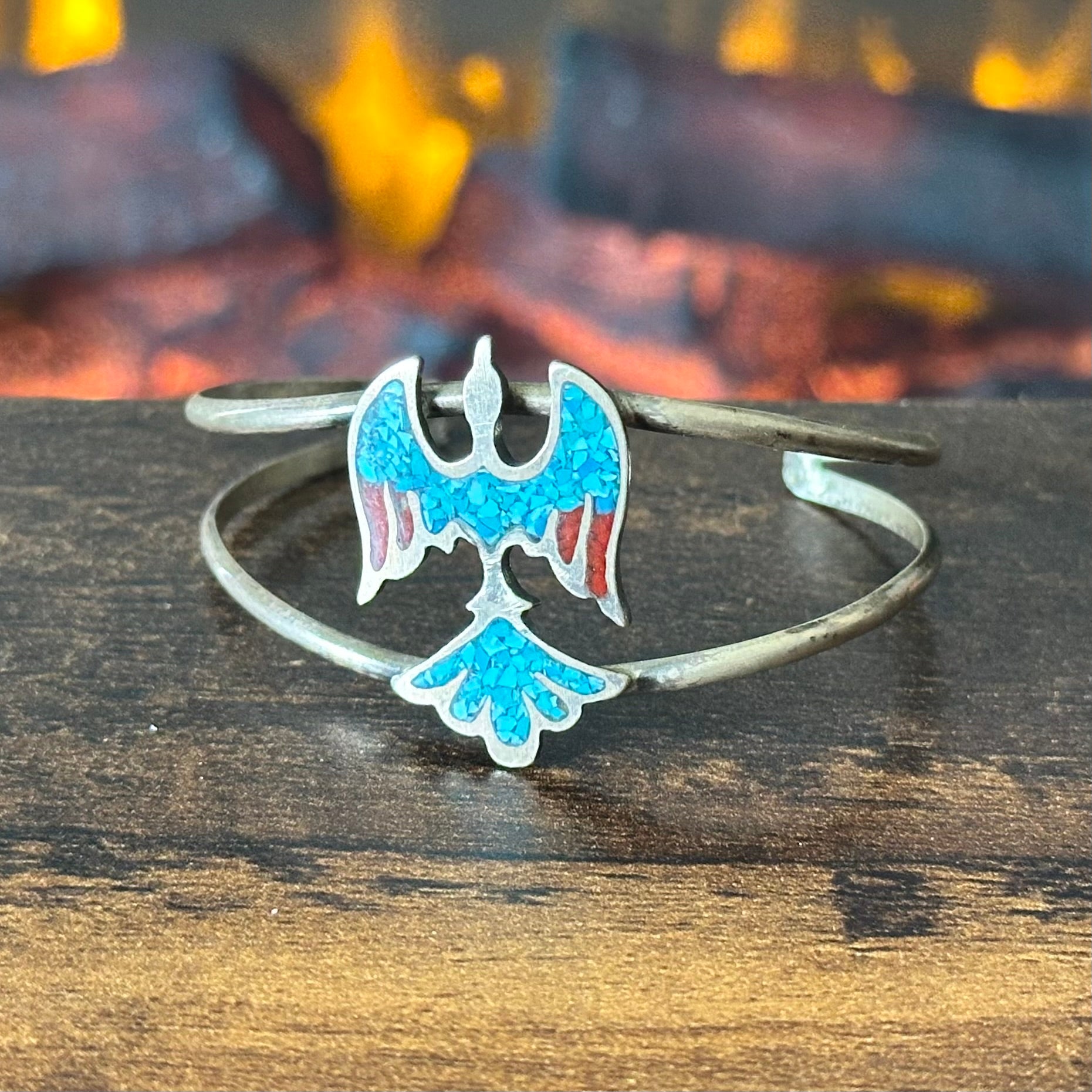 Vintage Turquoise Red Coral Sterling Peyote Bird Chip Inlay Cuff