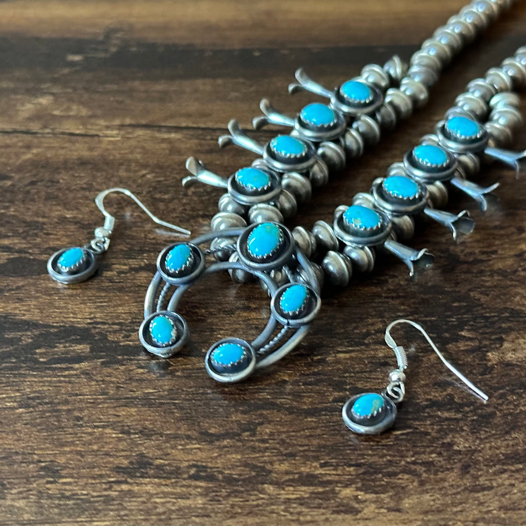 Navajo Phil & Lenora Garcia Sleeping Beauty Turquoise 13 Stone Sterling Oxidized Squash Blossom Earrings Set