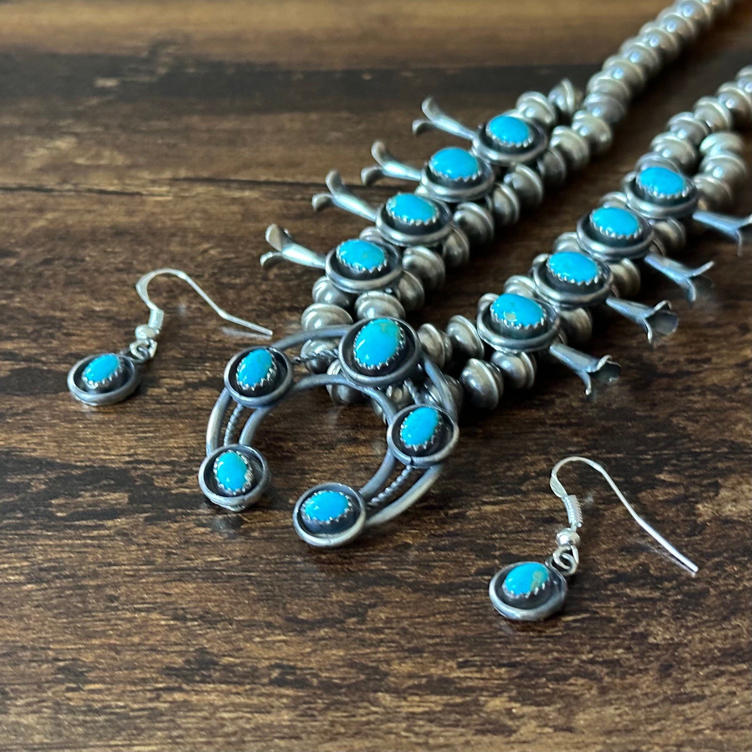Navajo Phil & Lenora Garcia Sleeping Beauty Turquoise 13 Stone Sterling Oxidized Squash Blossom Earrings Set
