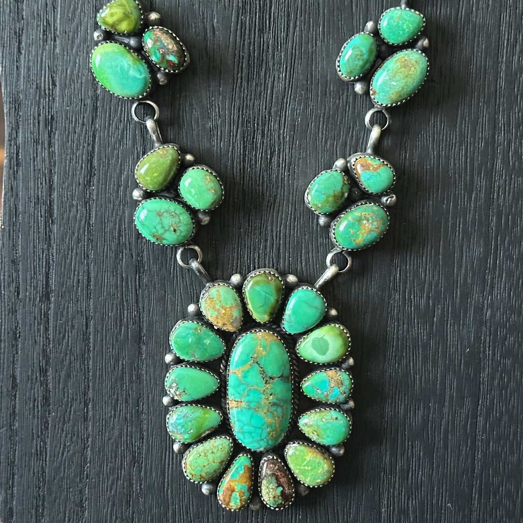 Navajo Anna Spencer Sonoran Gold Turquoise 38 Stone Sterling Cluster Statement Necklace Earrings Set