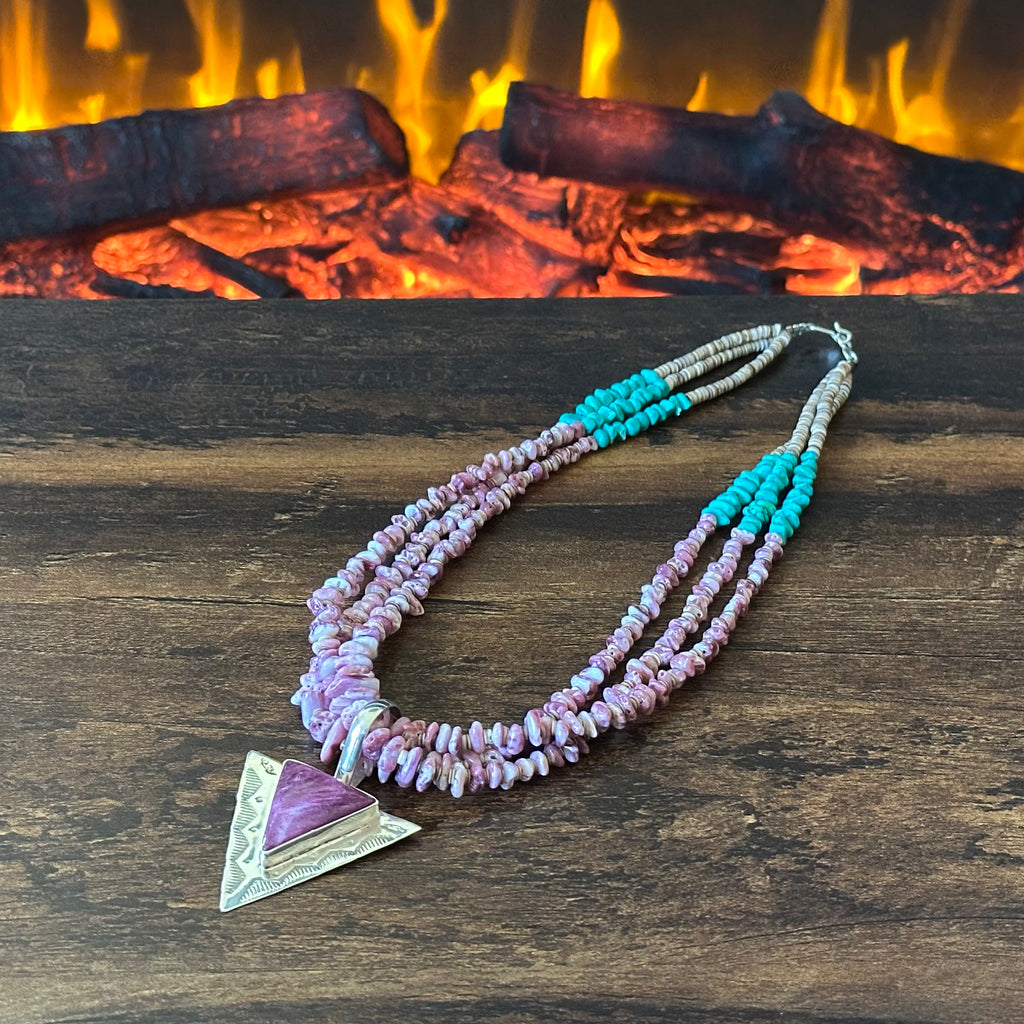 Kewa Emilio & Marguerite Chavez Turquoise Purple Spiny Oyster Sterling Heishi Triple Strand Pendant Necklace